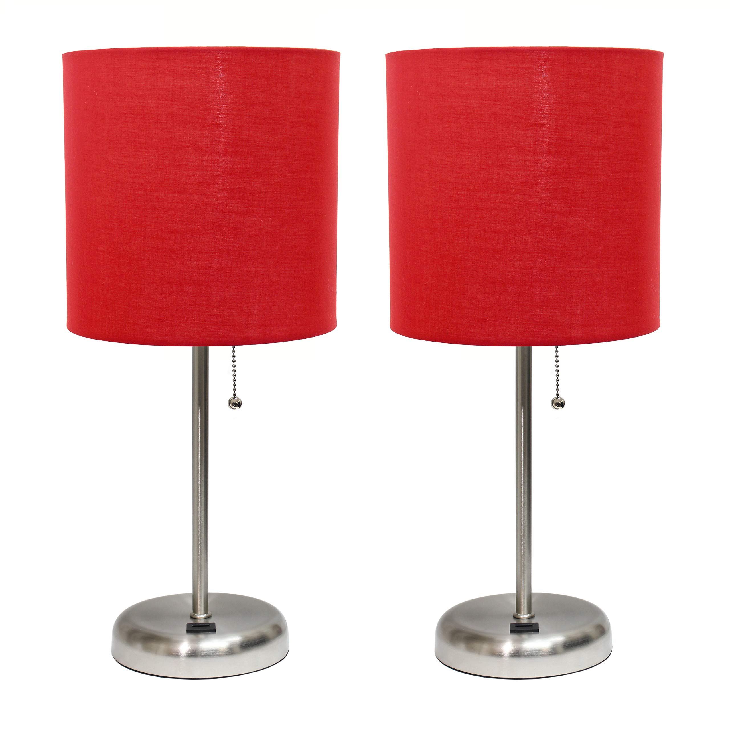 Simple Designs LC2002-RED-2PK Brushed Steel Stick Table Lamp Set with USB Charging Port and Red Fabric Shades 2