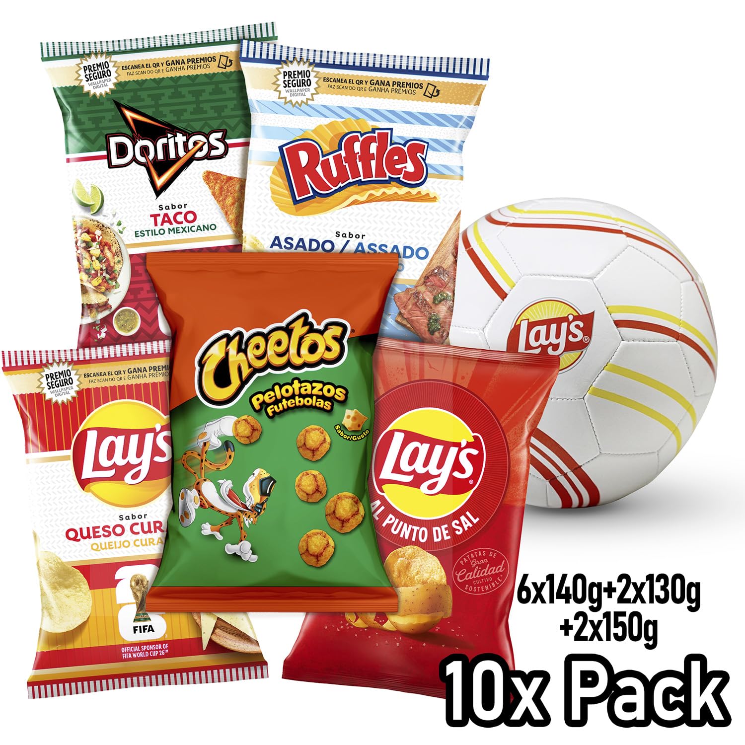 Pack Variado, 10 Bolsas DORITOS Taco, RUFFLES Asado, LAY’S Queso Curado, LAY’S Sal y CHEETOS Pelotazos, 5 Packs de 2 para Aperitivo y Consumo Diario, Incluye Balón de Regalo