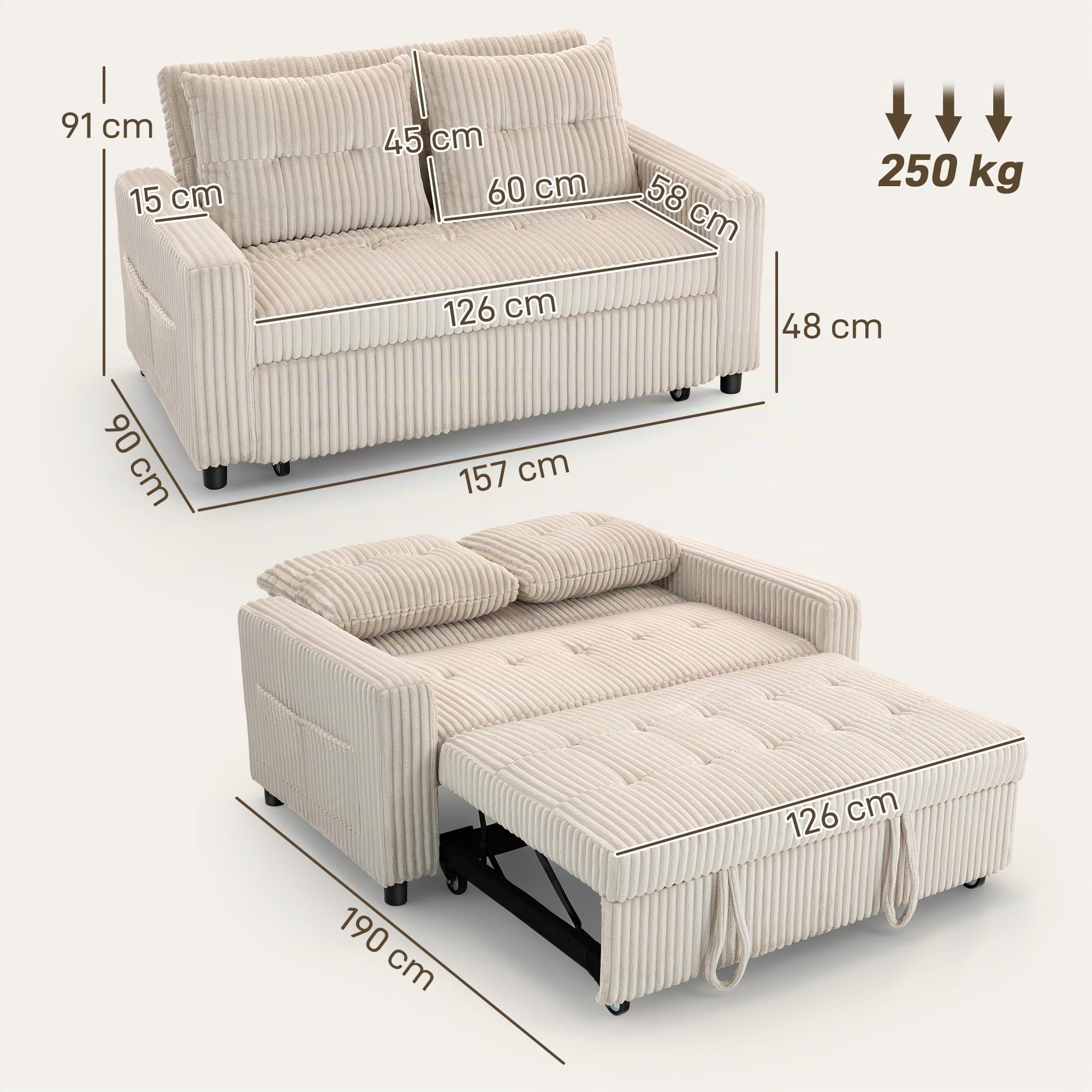 HOMCOM Schlafsofa 2-Sitzer Sofa 157 x 190 cm mit Schlaffunktion Cremeweiß