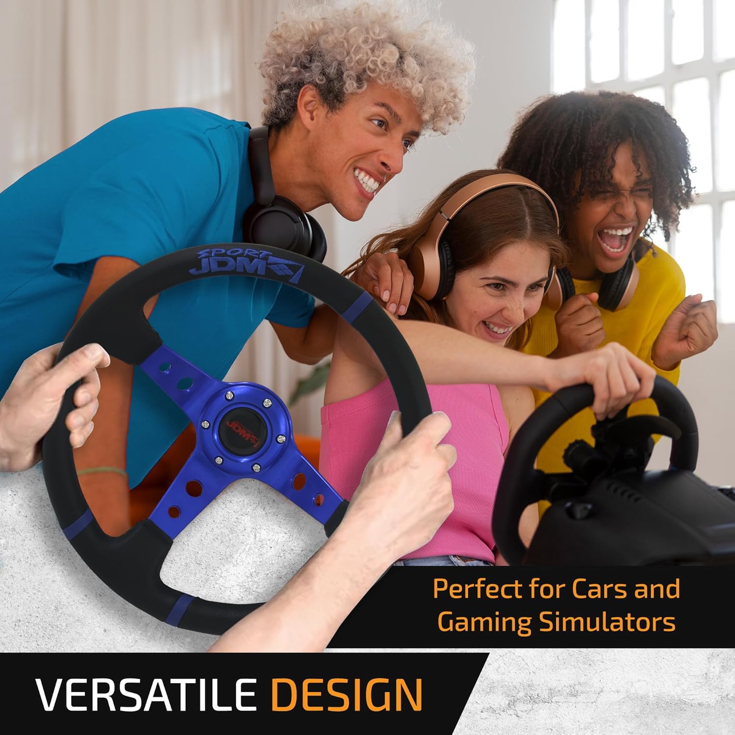 AJP Distributors Universal 350mm 14" Steering Wheel 6 Bolts Hole Black PVC Leather 3 Blue Stripe Light Weight Aluminum 3 Spoke Center Deep Dish Horn Button Grip Stance JDM VIP Sport