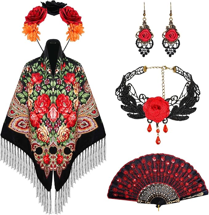 5 Pcs Halloween Flamenco costume Traditional Mexican Dress Rose Headpiece Handheld Folding Fan and Necklace for Dancer Costume Cosplay Party