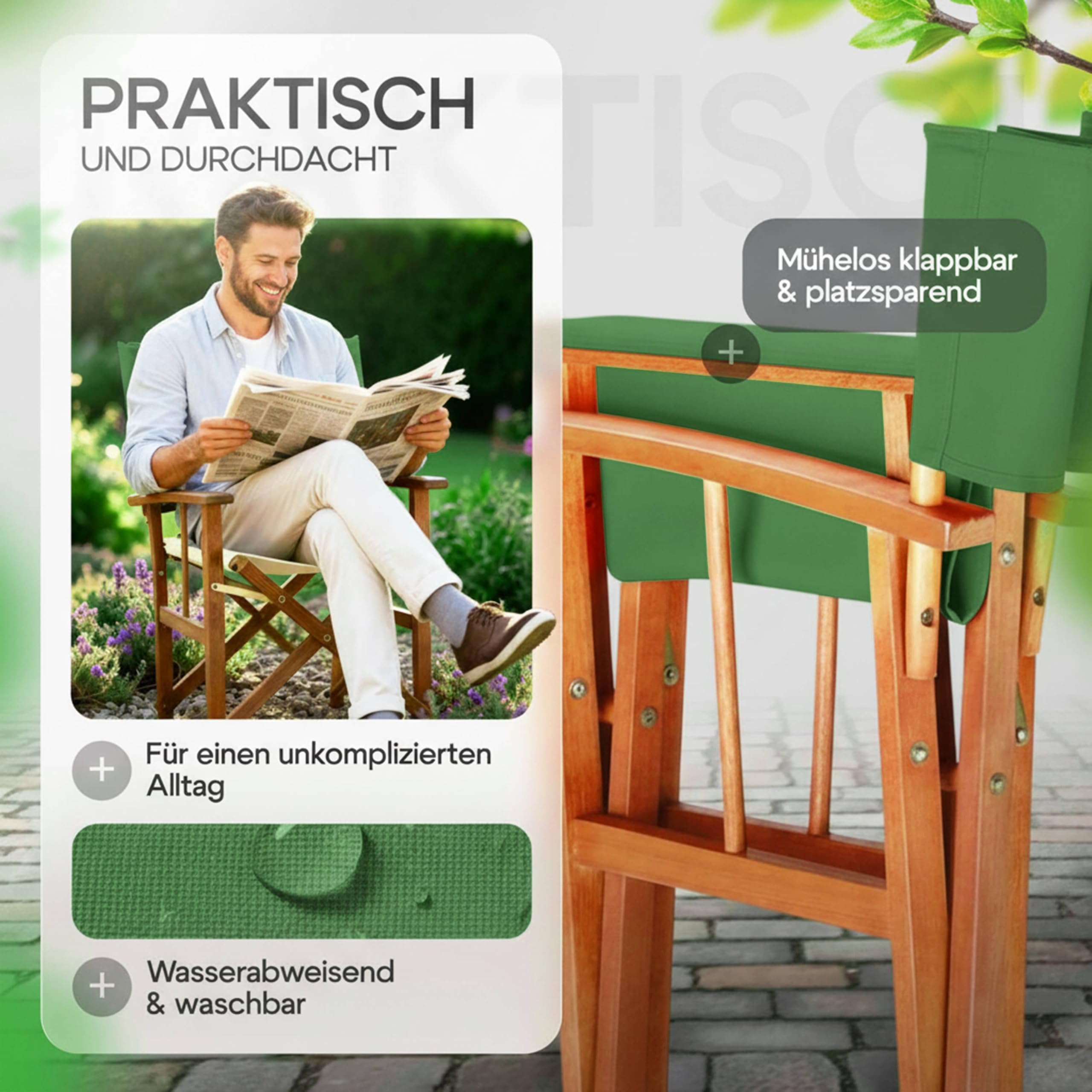 Casaria® Regiestuhl 2er Set aus FSC® Eukalyptusholz - Klappbarer Gartenstuhl mit Armlehnen, waschbarem Bezug & 46 cm Sitzhöhe, bis 160 kg belastbar - Holzstuhl für Balkon, Terrasse & Camping