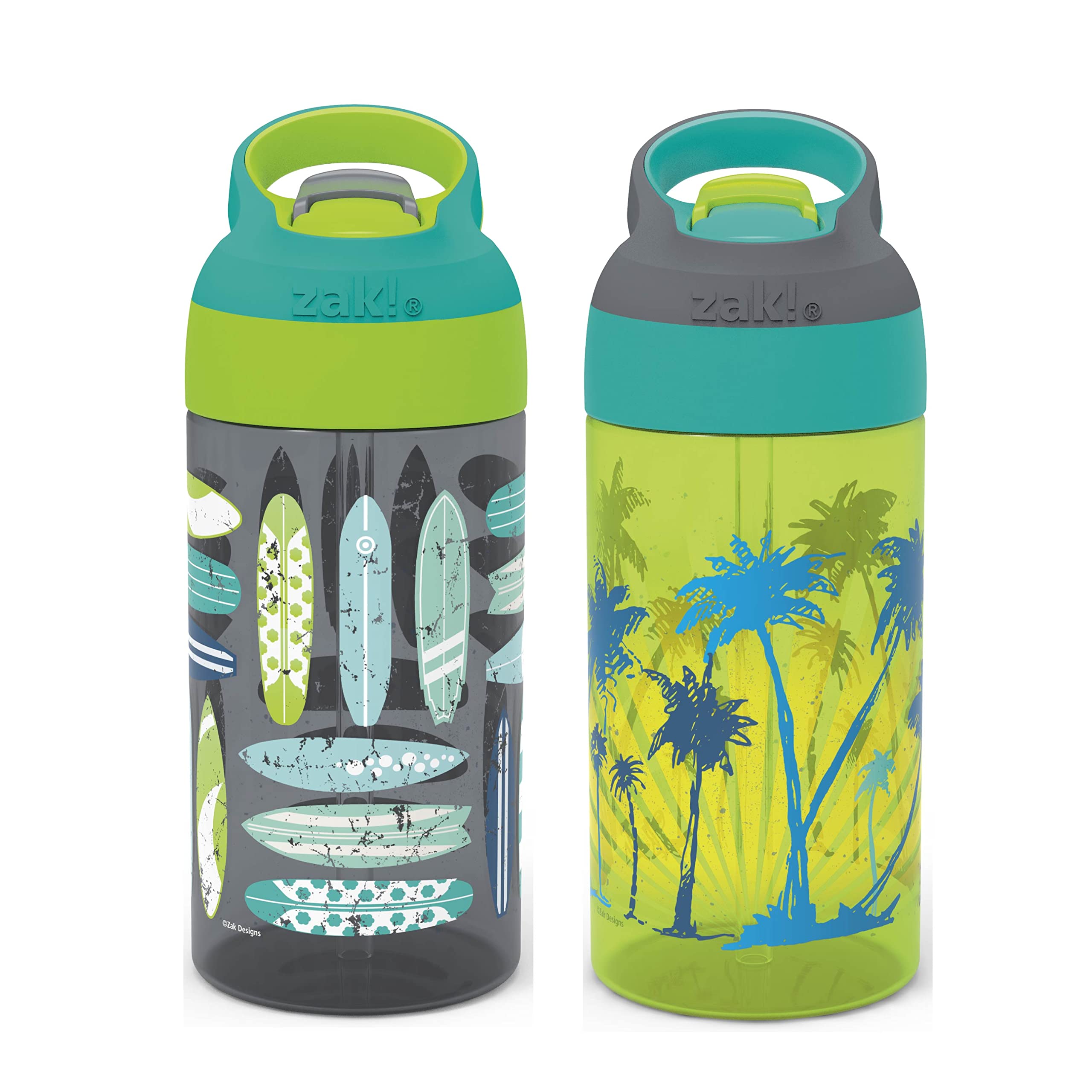 Zak DesignsRiverside Kids Water Spout Cover and Button Release, Made of Durable Plastic, Leak-Proof Bottle Design and Cute Artwork (Beach Life, 2pc Set), 2pk