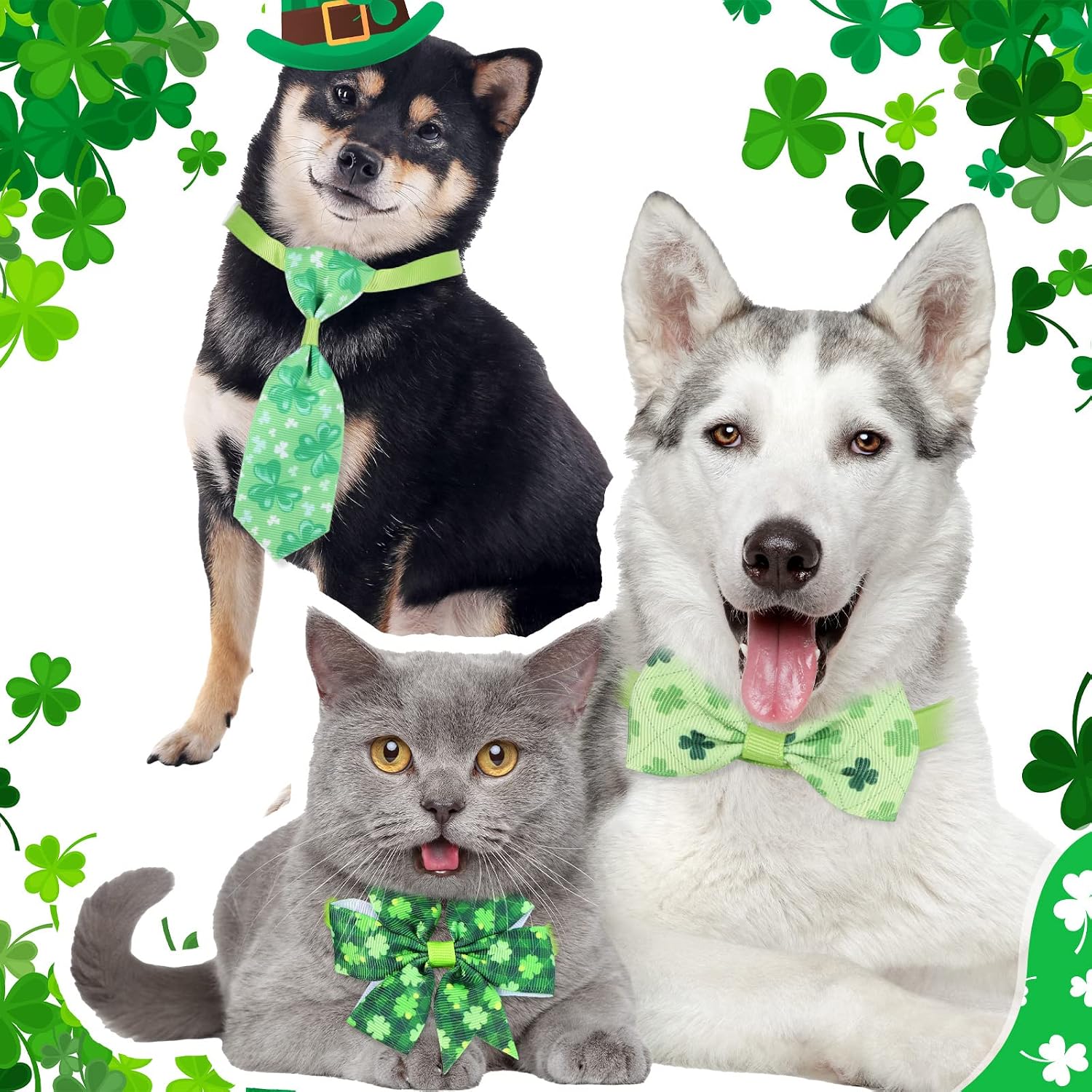 120 Pcs St. Patrick's Day Dog Bow Tie Collar Set Includes 60 Green Irish Bow Ties for Dogs Dog Grooming Bowtie 30 Dog Neckties 30 Large Bow Tie Collar Pet Holiday Accessories for Dog Cat (Shamrock)
