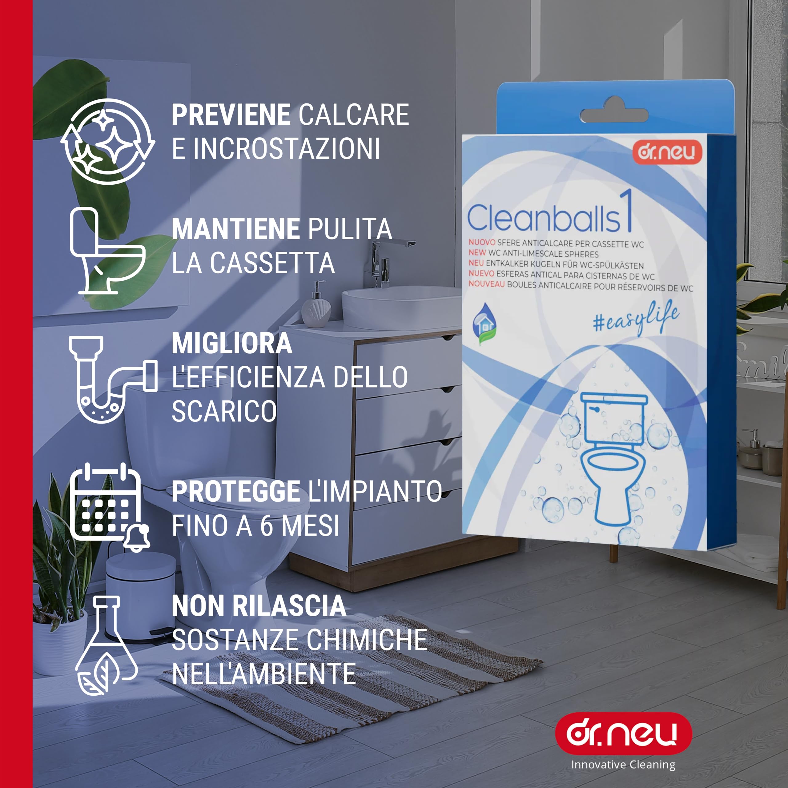 DR. NEU - Sfere Anticalcare per Cassetta WC Esterna e da Incasso Cleanballs, Previene Naturalmente Calcare e Incrostazioni, Facile Montaggio, Durata 6 Mesi - Pulizia Bagno Sicura per Fossa Biologica