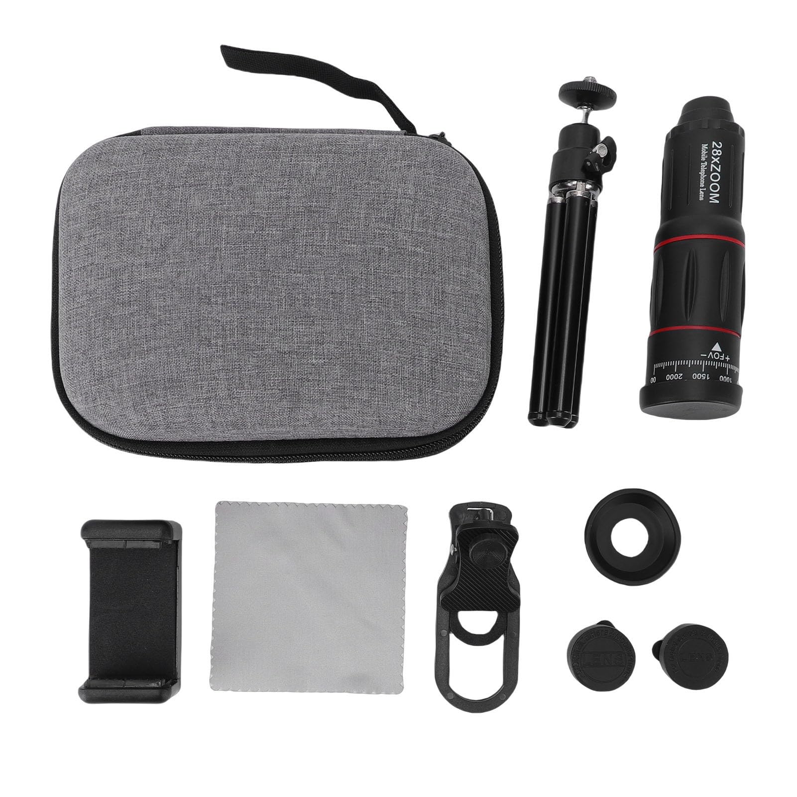 Dpofirs Kit Obiettivi Fotocamera Telefono, Set di Obiettivi Clip Universale 4 in 1 con Teleobiettivo 28X, Grandangolo 0,6X, 20X, Macro, Obiettivo Fisheye 198°, Morsetto Regolabile e