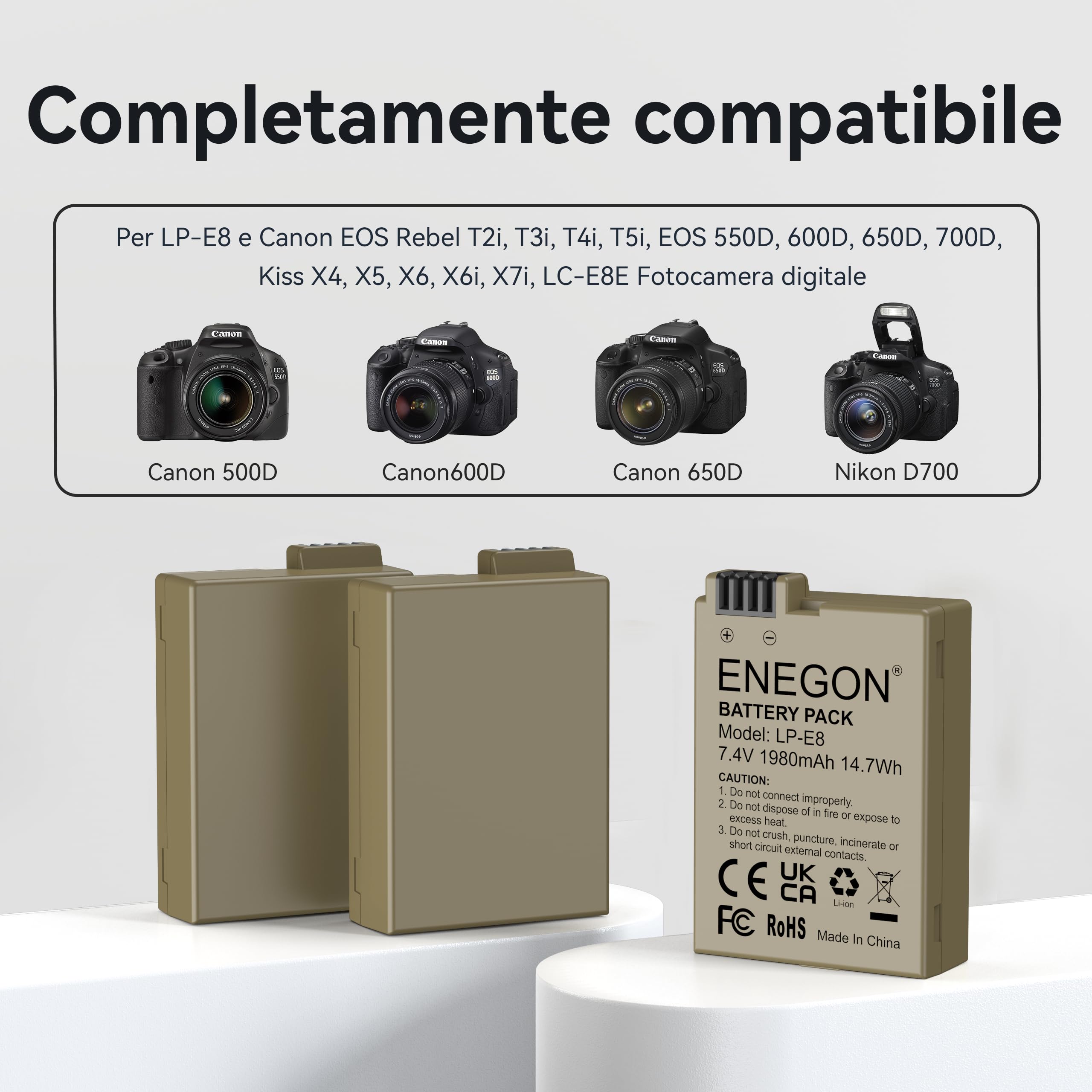 ENEGON Baterías para cámara LP-E8 Paquete de 3 (1980mAh) con cargador LED de 3 ranuras, compatible con Canon EOS Rebel T2i, T3i, T4i, T5i / Kiss X4, X5, X6i, X7i / EOS 550D, 600D, 650D, 700D