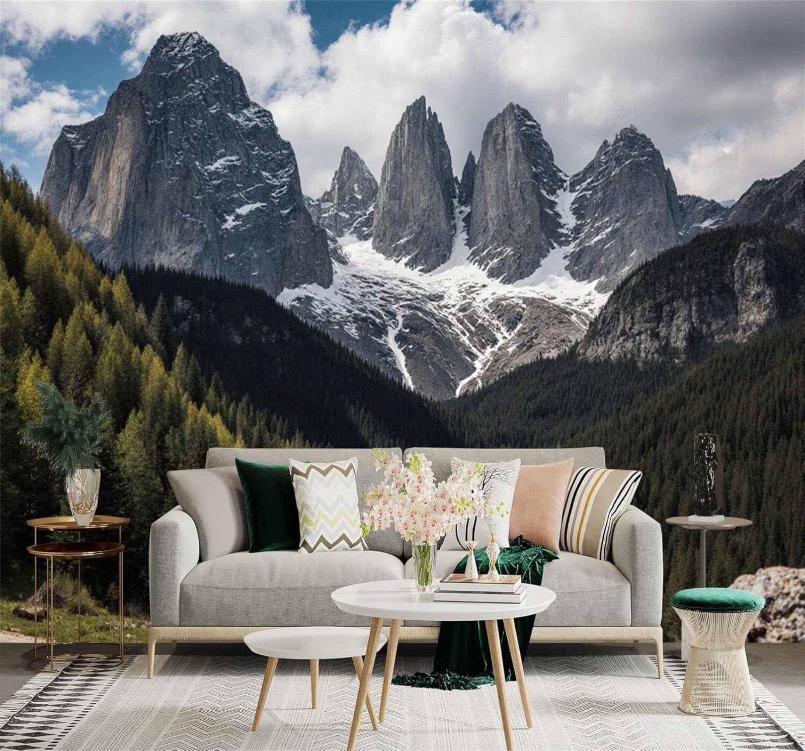XLMING Snow Capped Mountains White Clouds Pine Forest Green Valley Natural Scenery 3D Wallpaper Silky Texture Home Study Office Grey Dining Room Sofa Bedroom Living Room TV Backdrop-300cm×210cm