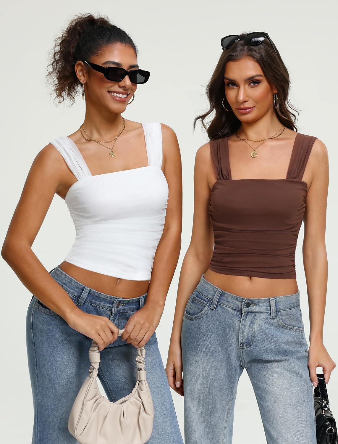 Avidlove Women's Mesh Square Neck Cute Tank Going Out Top Ruched Crop Y2K Wide Strap Summer Outfits Tops