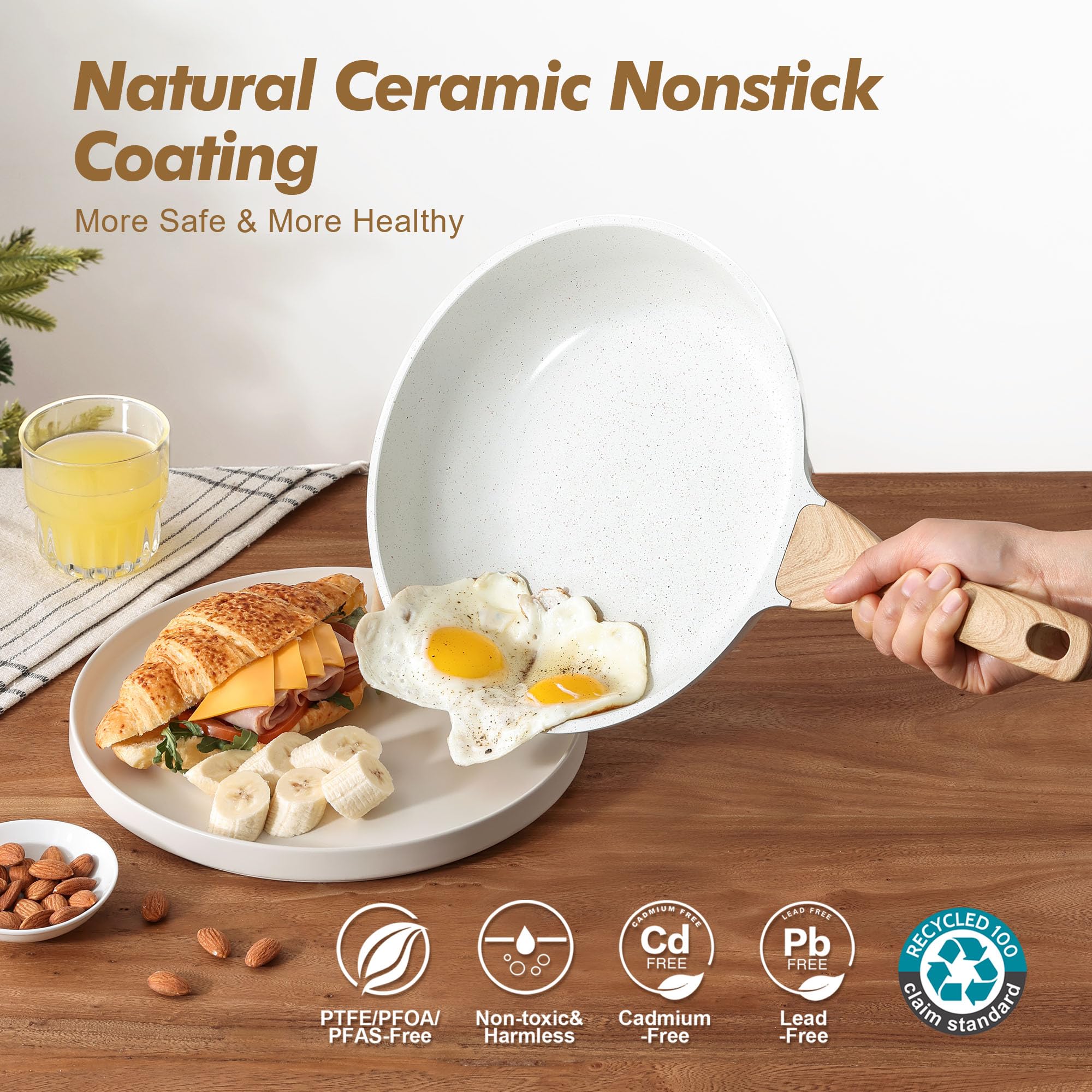 SENSARTE Padella antiaderente con rivestimento in ceramica bianca, padelle per omelette, pentole sane da chef, senza PTFE e PFAS (20 + 25 cm)