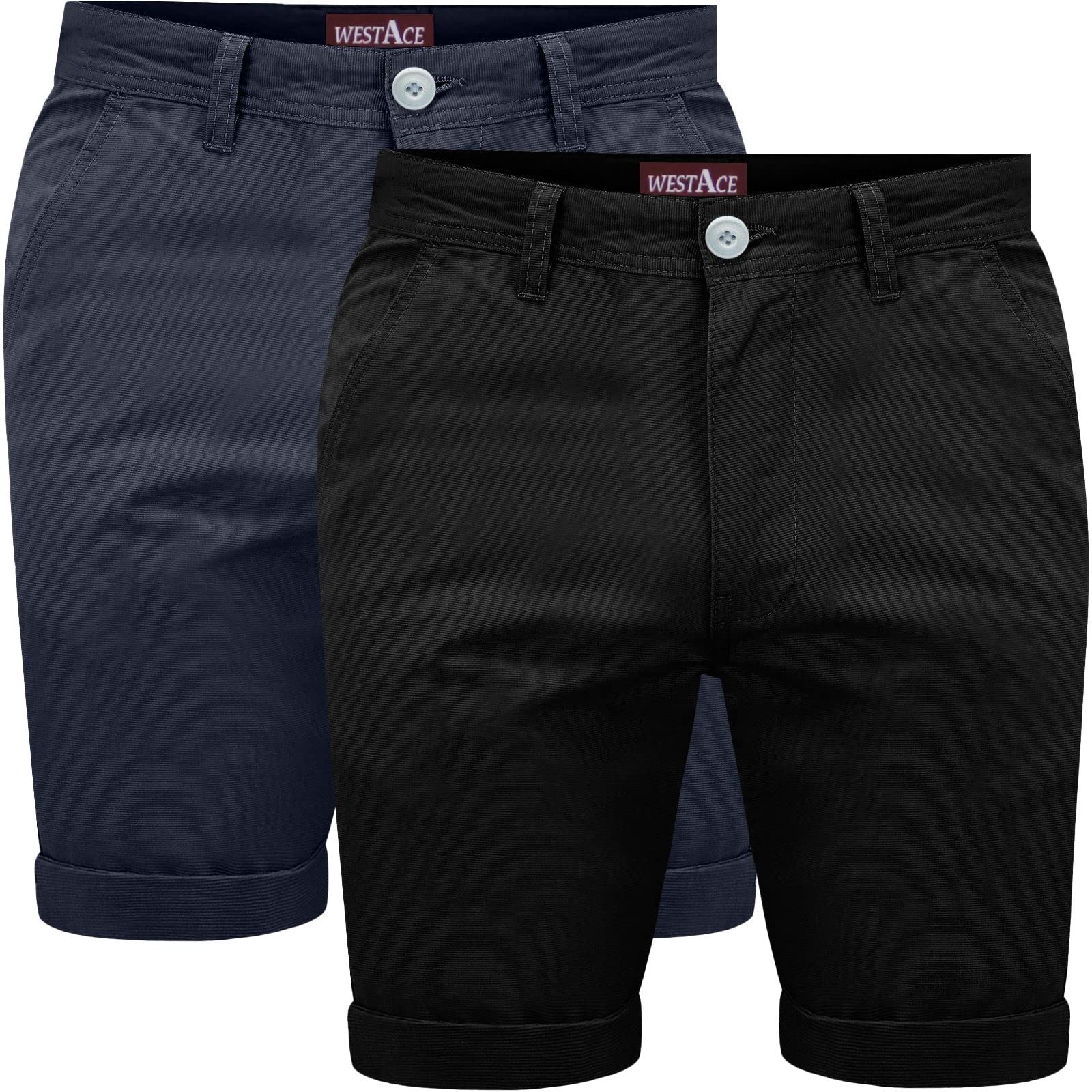 Westace Men's Navy & Black Pack Of 2 Chino Shorts Cotton Half Pant Casual Summer Cargo Combat Short Trousers, 34W