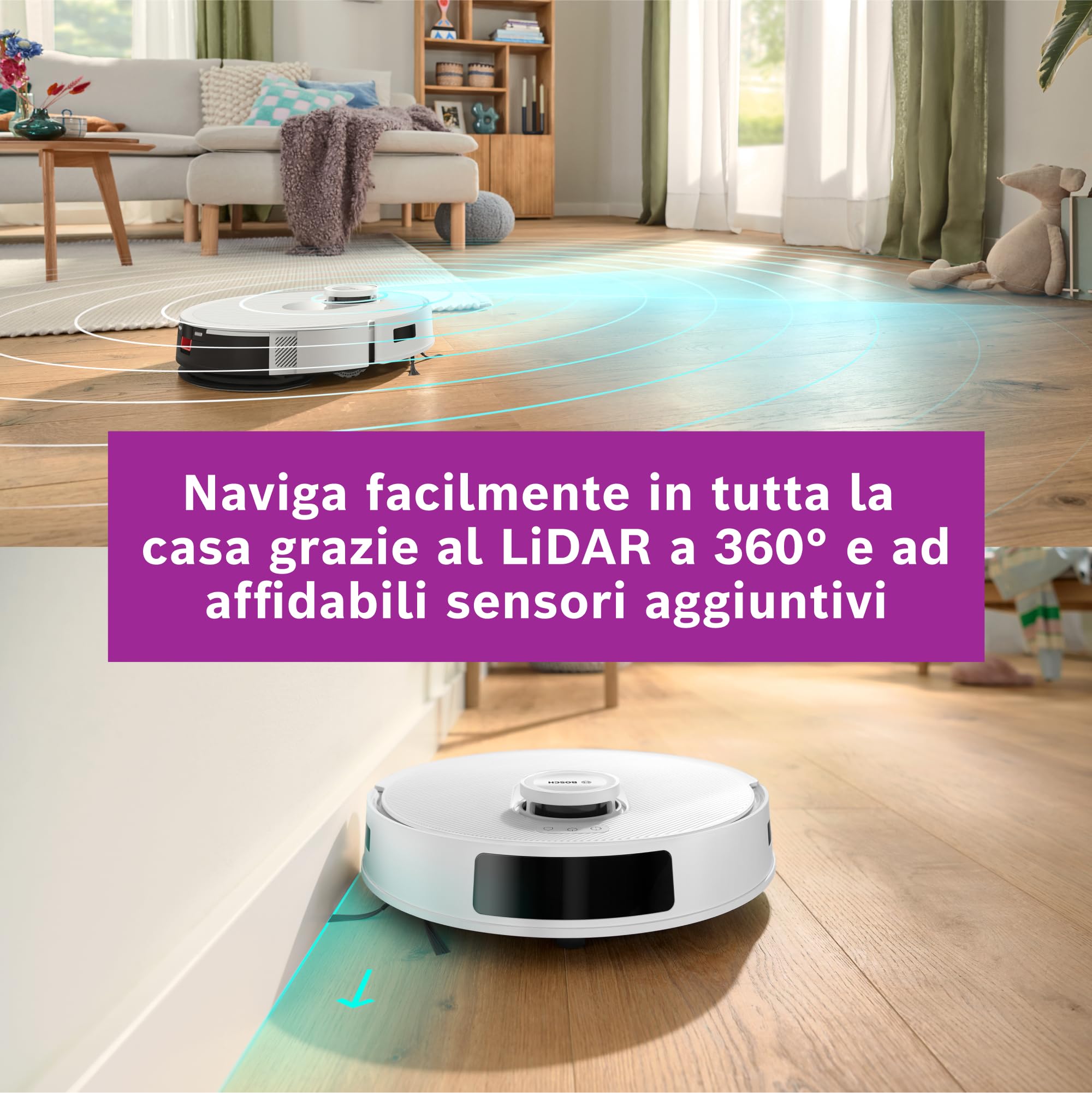 Bosch Spotless+Robot Aspirapolvere e Lavapavimenti,Potenza 11.000Pa,Panno Lavapavimenti Statico,Stazione di ricarica con autosvuotamento,Navigazione Infrarossi Smart Vision,AppBosch HomeConnect,Bianco