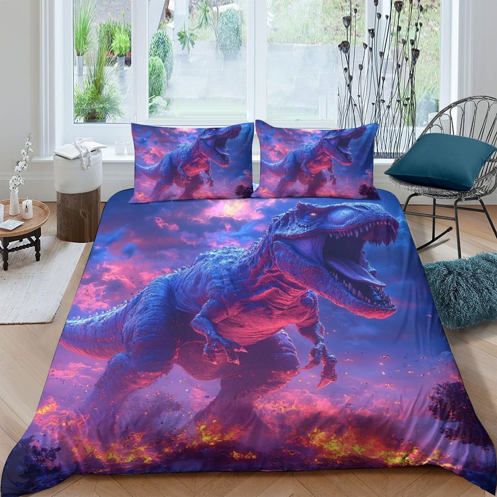 Ctjqhvkz Style-9 3D Printed Purple Dinosaur Fitted Sheet Microfiber Soft Slip-Resistant Volcano Bed Cover Bedroom Dorm Decor Single（135X200cm）