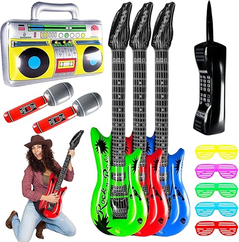 Juego de 12 micrófonos inflables de radio Boombox retro inflables para teléfono móvil, micrófonos de guitarra inflables, obturador, gafas de