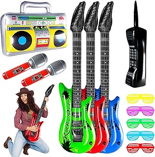 12Pcs Inflatable Radio Boombox Retro Inflatable Mobile Phone Rock Inflatable Guitar Microphones Shutter Shading Glasses Toy Set,Rock Star Toy Set for 80s 90s Party Decorations,Roll Party Supplies
