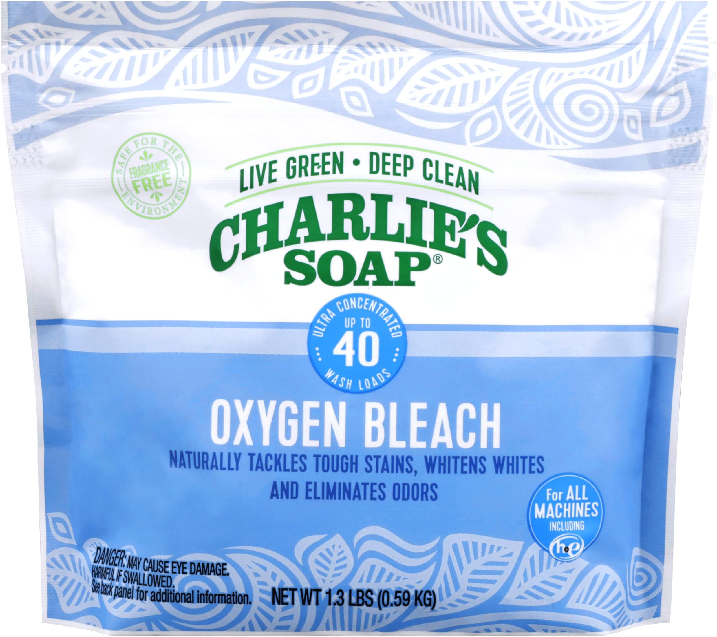 Charlie's Soap Oxygen Powered Bleach Powder, Color Bleach For Clothes, Safe Bleach for White Clothes, An Unscented Fragrance Free Non Chlorine Bleach 1.3 lbs (0.59 kg)