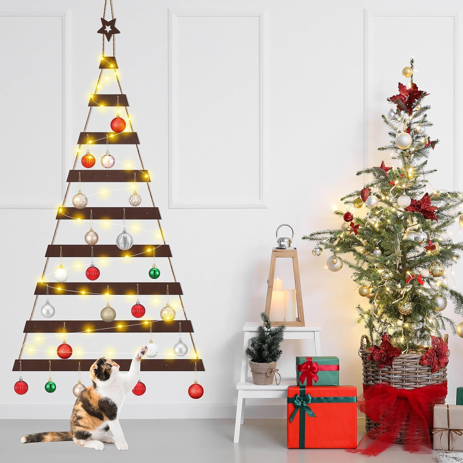 Cat Proof Wall Christmas Tree with Light Hanging Mounted Wood Christmas Trees Wall Hanging Xmas Decor with Hooks Wooden Flat for Xmas Holiday Decoration Cat Home Indoor Office Party Supply