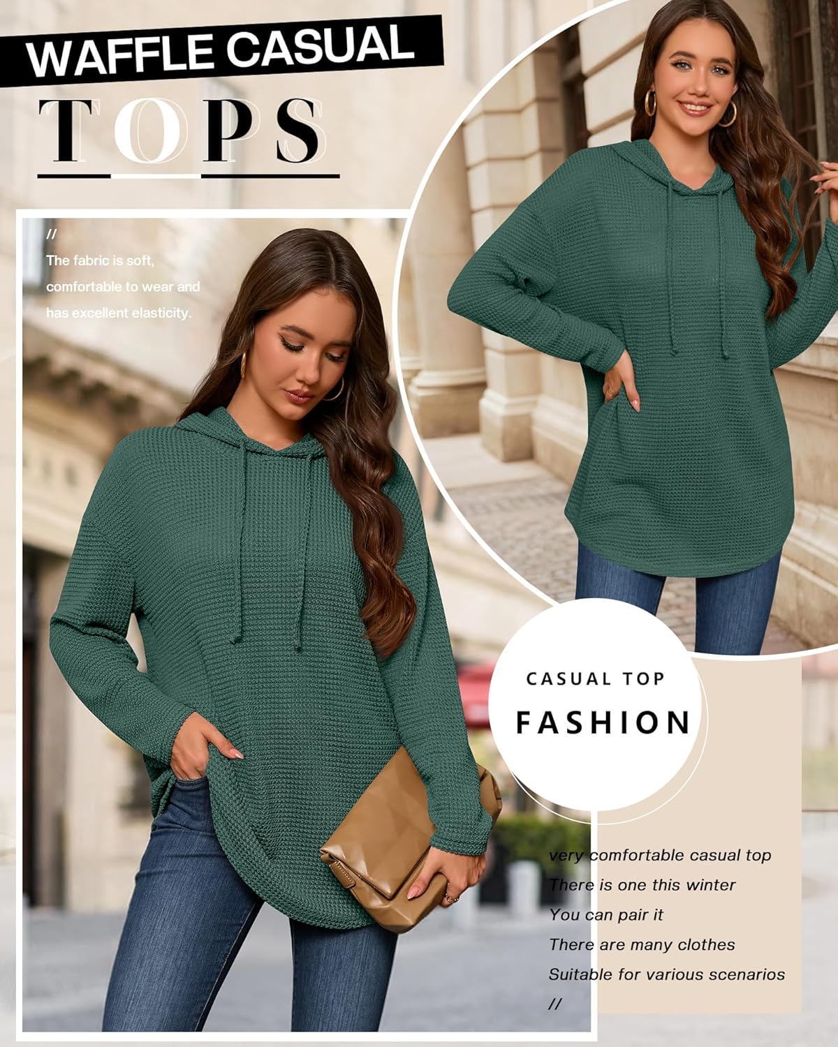 Oversized Hoodies for Women Waffle Knit Casual Long Sleeve Drawstring Pullover Sweatshirt Loose Fit Hooded Tops - Image 5