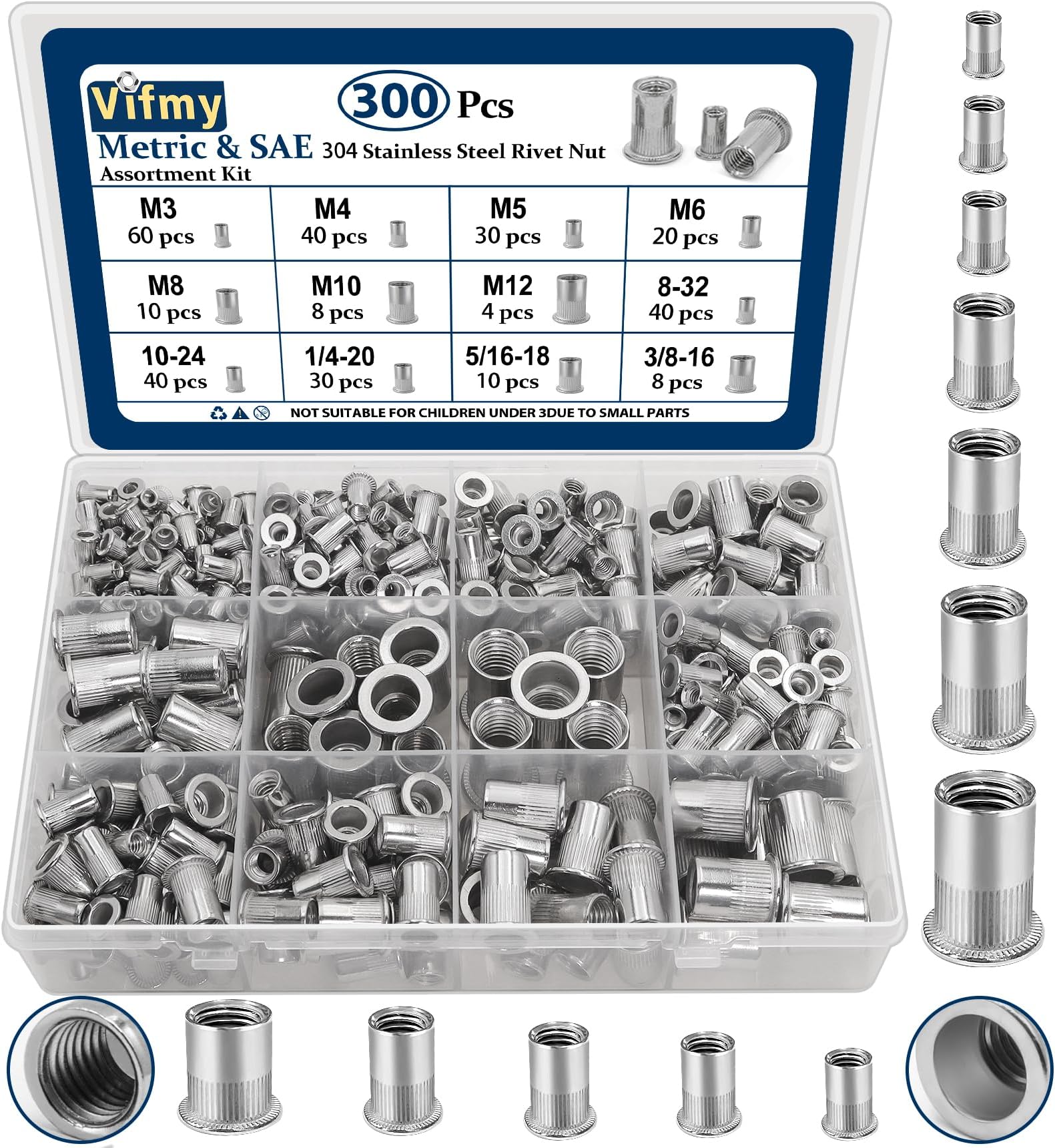 Metric & SAE Rivet Nut Assortment Kit(300 Pcs),m3 m4 m5 m6 m8 m10 m12#8-32#10-24 1/4"-20 5/16"-18 3/8"-16 304 Stainless Steel Rivnut Set,UNC Flat Head Nutsert