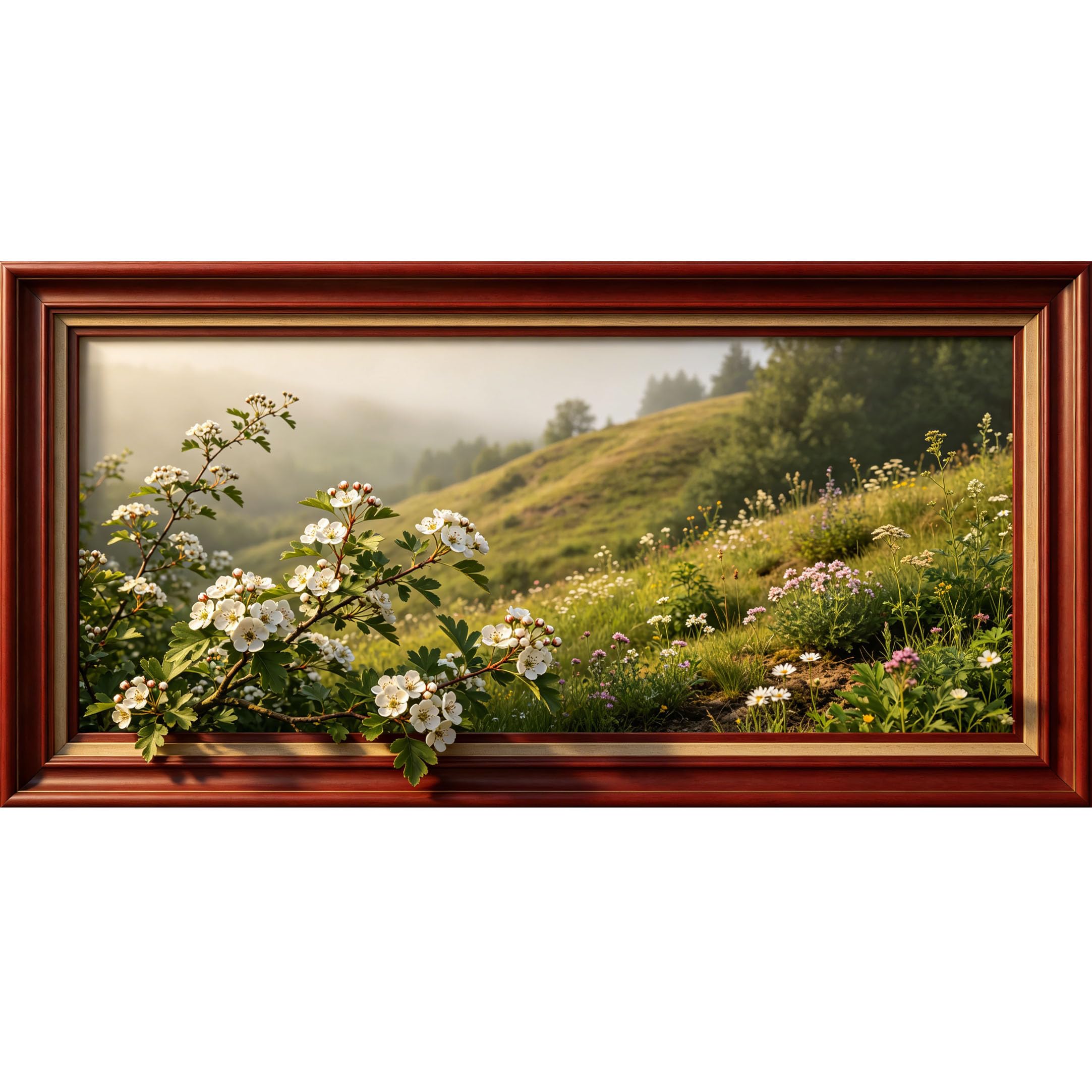 Agglomerix 3D Framed Wall Art White Hawthorn Blossom Wildflower Hillside Landscape Botanical Relief Effect Large Size SelfAdhesive Removable Wall Decor Prints Artwork for Living Room Bedroom Office