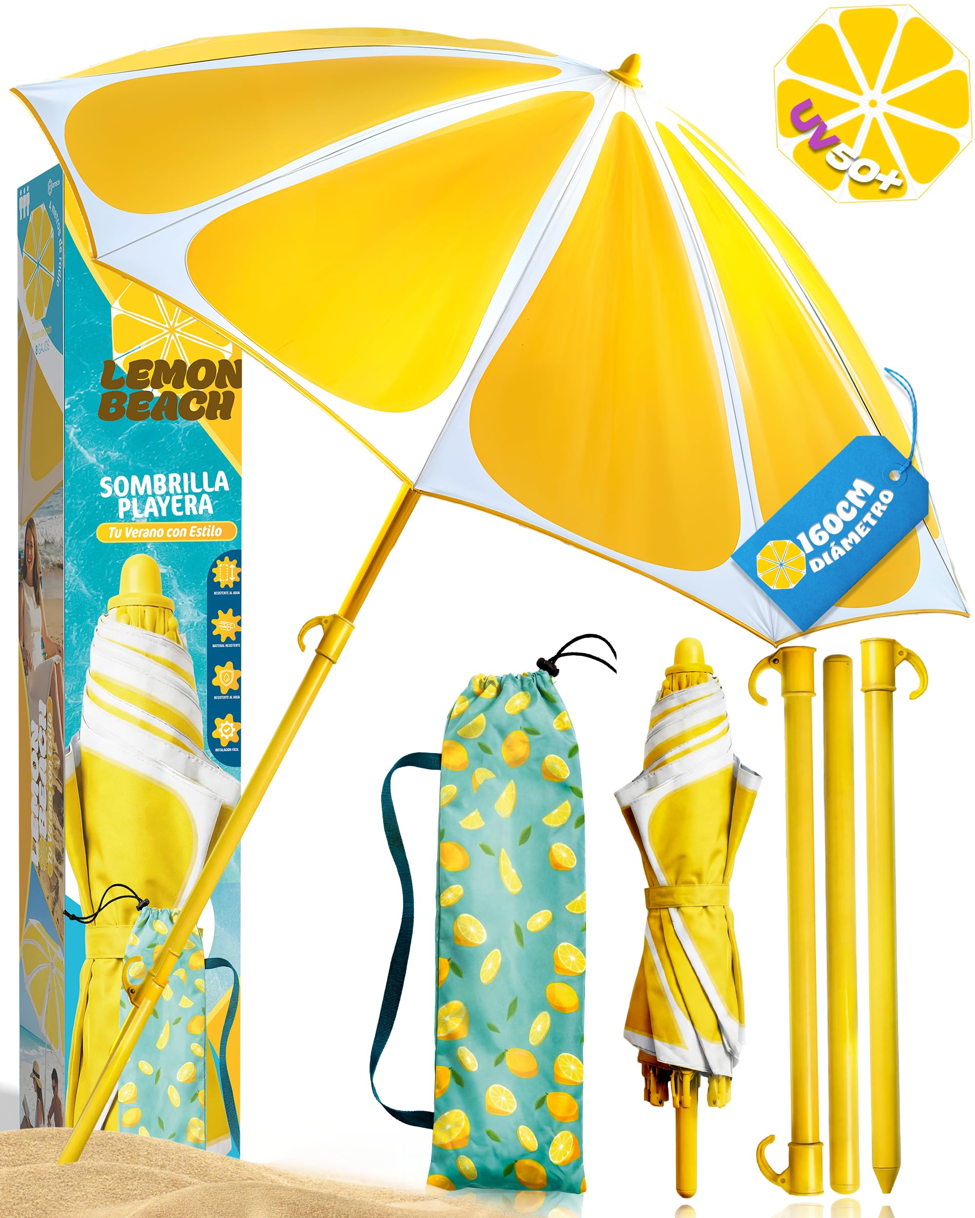 SUPER PACK Sombrilla Playa Plegable | Parasol con Altura 210cm y Diámetro 160cm | Sombrilla Compacta para Maleta | Protección Verano 2 Plazas UPF 50+ | Mástil Aluminio Amarillo 109C