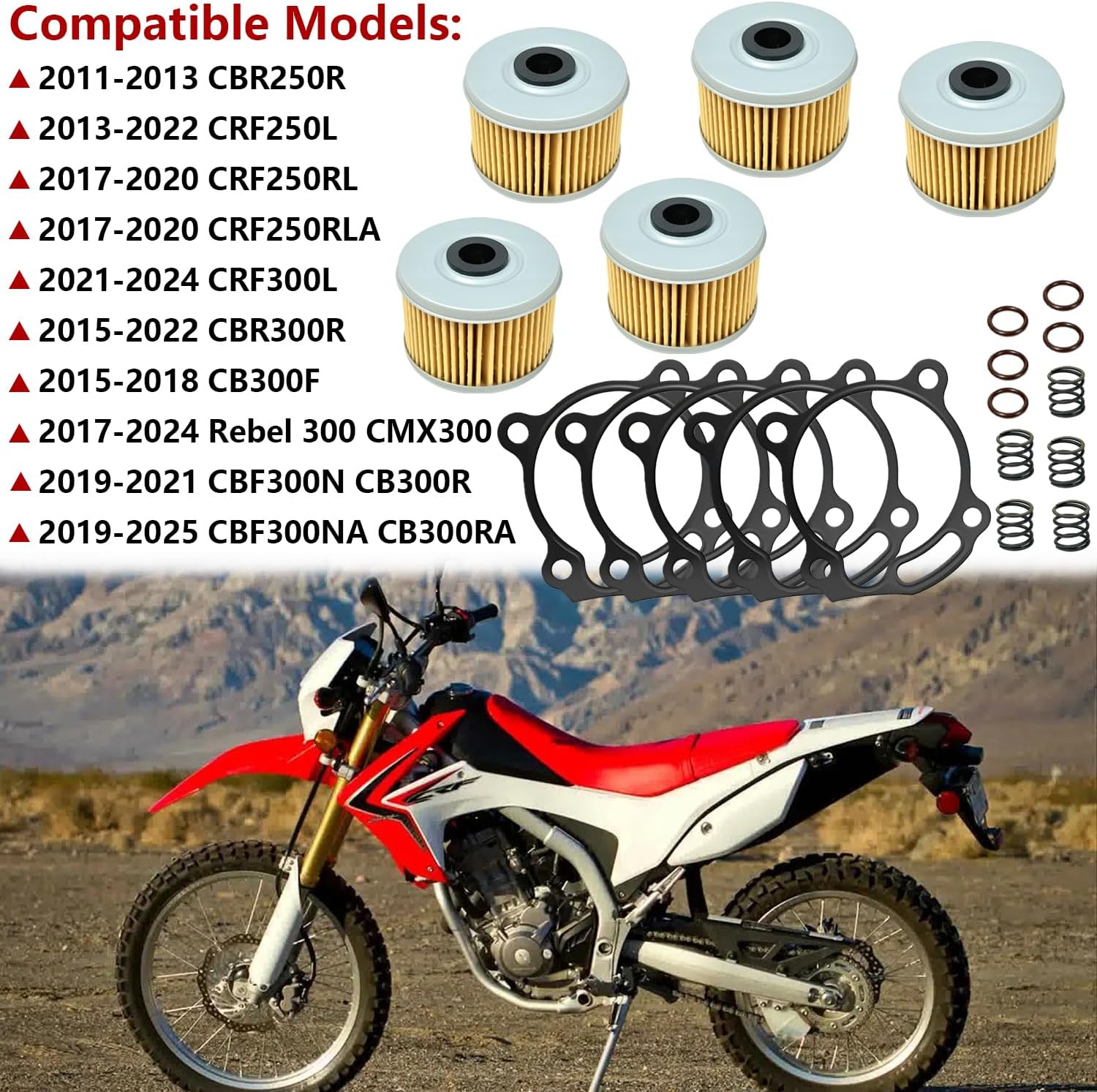 5 Pack Oil Filter & Cover Gasket & Springs Compatible with CBR250R CRF250L CRF250RL CRF250RLA CRF300L CBR300R CB300F CMX300 CBF300N CBF300NA #15410-KYJ-902