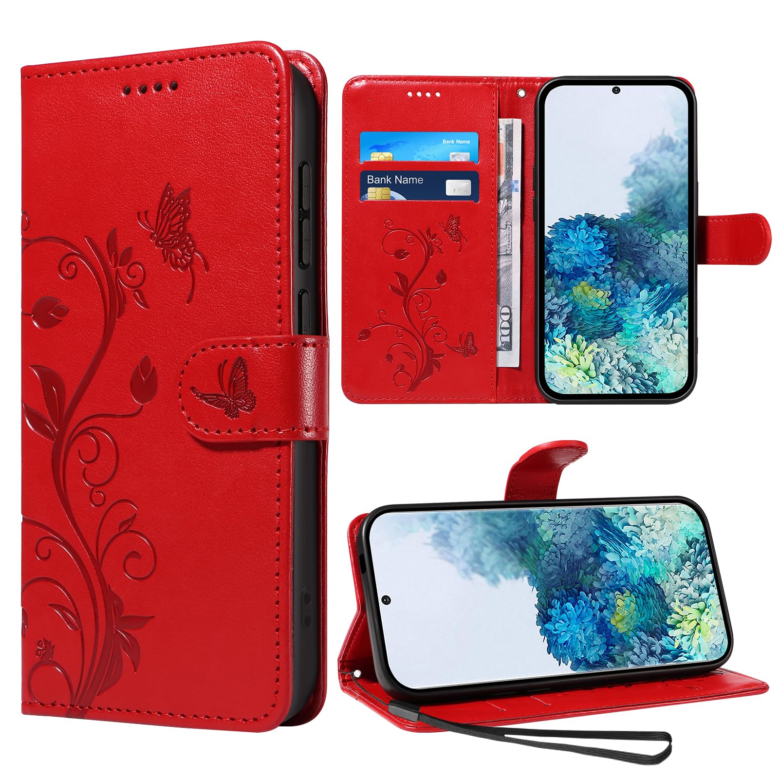 Vanki Lederhülle Kompatibel mit Samsung Galaxy S20 Hülle Flip Wallet PU Handyhülle Galaxy S20 mit Leder und Prägung Mit Ständer und 3 Kartenfächer Leder Schutzhülle für Samsung S20 (Rot)