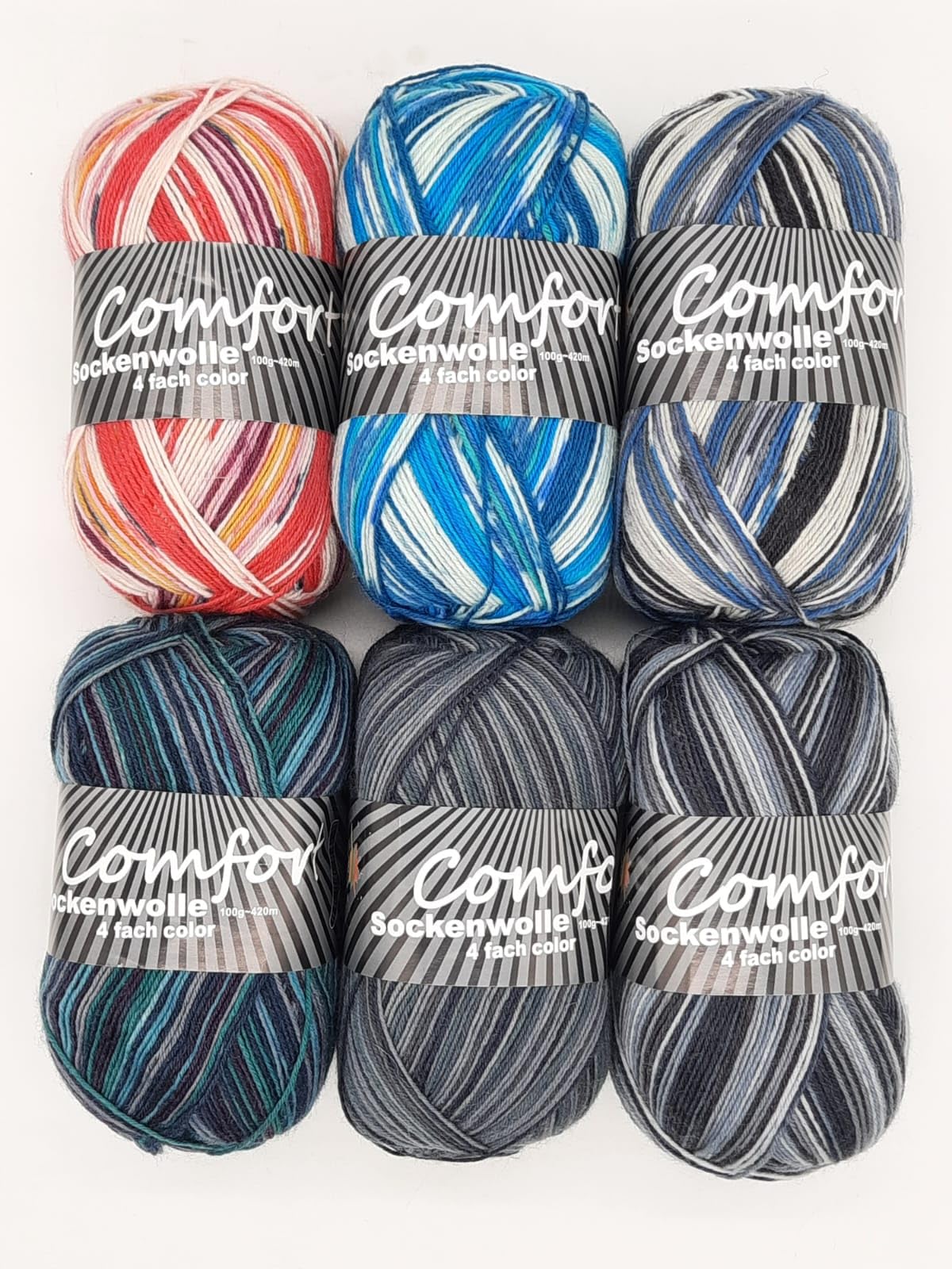 Sockenwolle Strumpfwolle Comfort Color 4-fädig - Farbset 6x100gr - 420m Lauflänge/100gr- mehrfarbiger bunter Farbverlauf Set 07