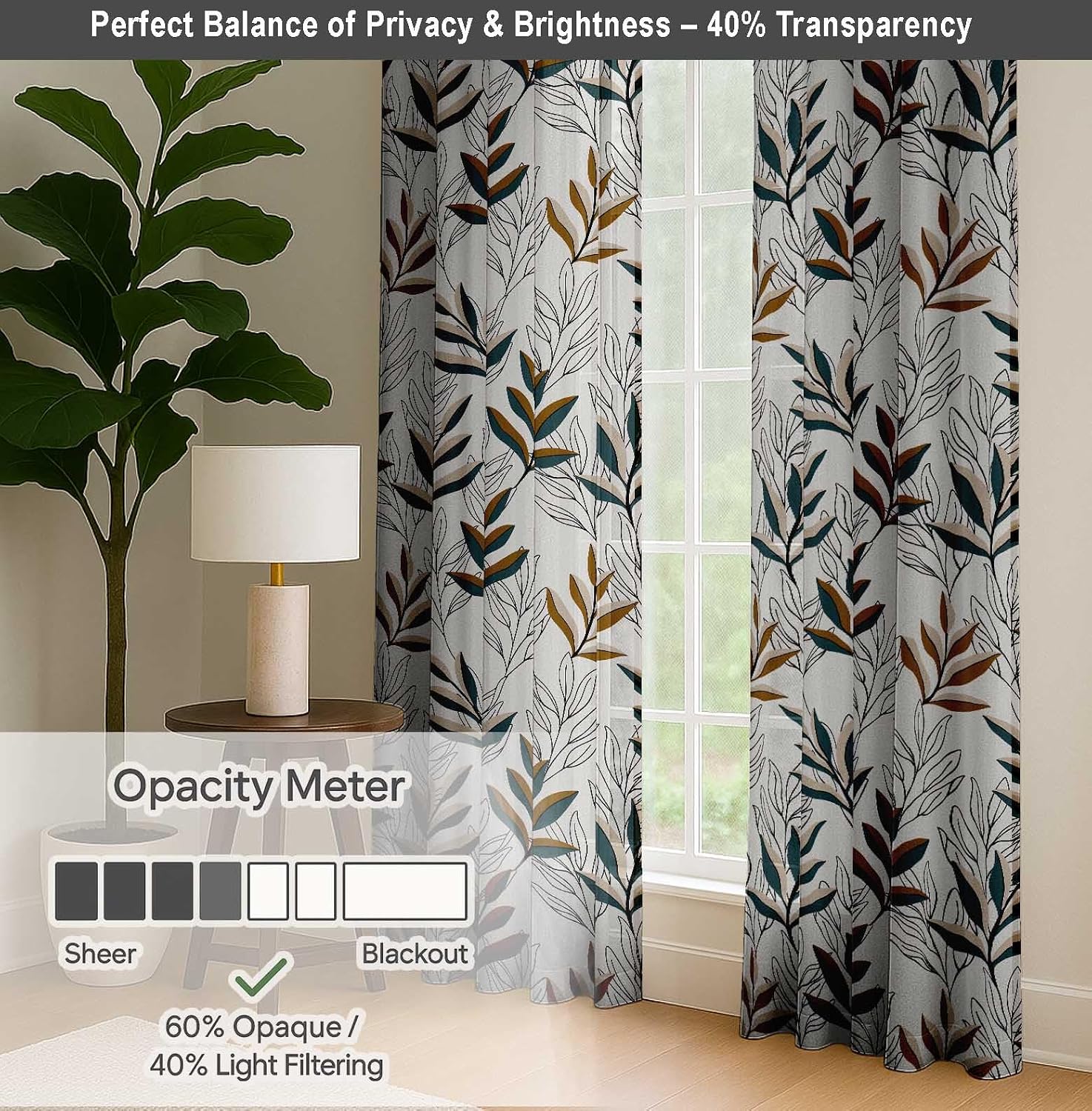 Cotton Curtains for Windows - 3-in-1 Rod Pocket/Back Tab Short Window Drapes - Light Filtering Cotton Canvas Panels - Set of 2, 52"x63" - Vibrant Leaves Print (White)