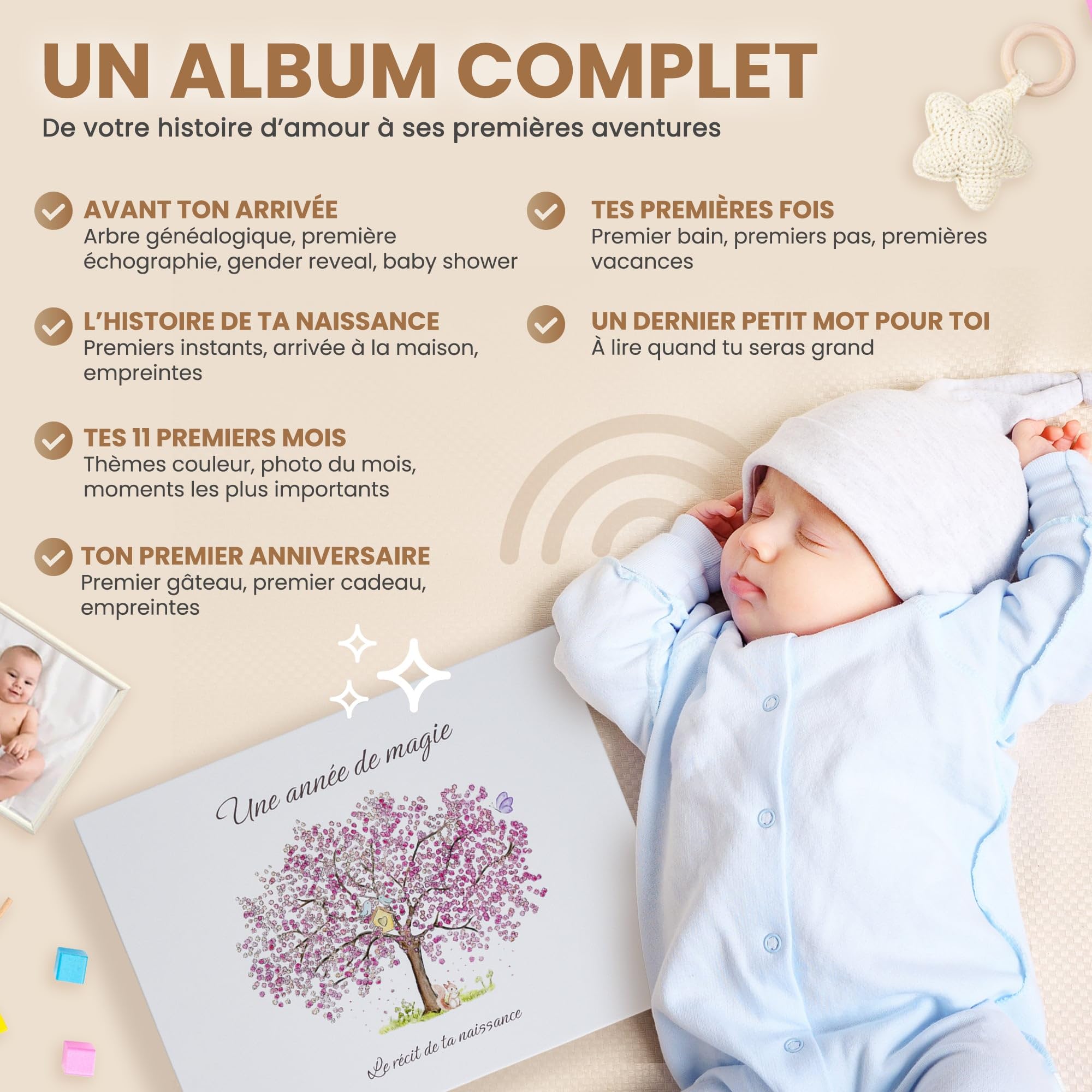 Livre de naissance bébé avec Clé Usb pour les souvenirs numérique et Pochon pour la 1ère tenue- Album Photo Bebe 116 pages pour coller vos photos et écrire - Idéal Cadeau naissance fille et garçon