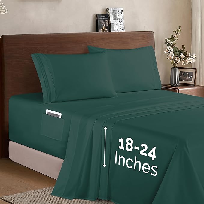 Elegant Comfort Luxury 1500 Premium Hotel Quality Microfiber 4-Piece Sheet Set - Soft, All Around Elastic 18-24 Inches Deep Fitted Sheet - Extra Deep Pocket Sheets, Twin/Twin XL, Hunter Green