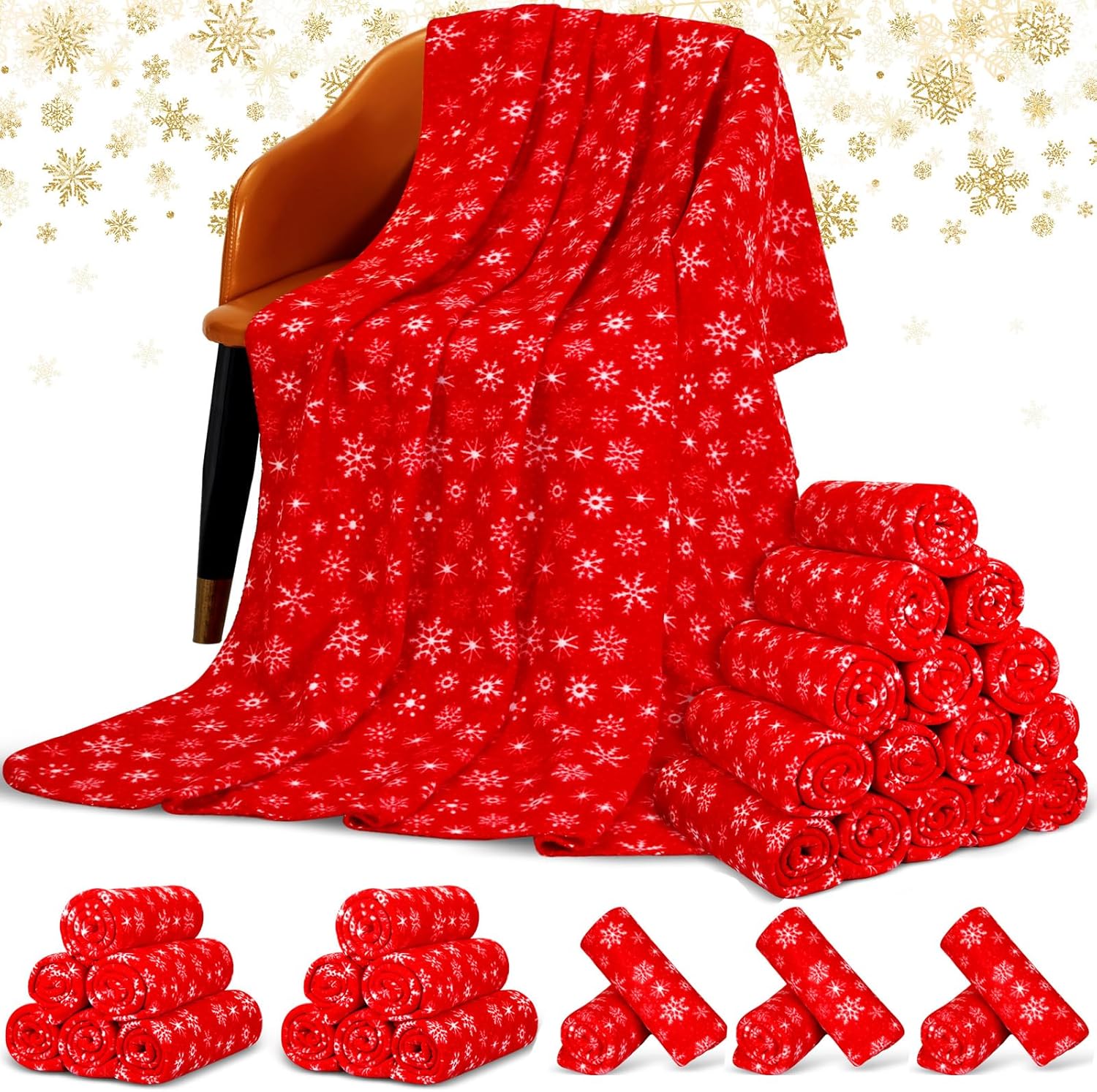 Moukeren 24 Pcs Christmas Snowflake Throw Blanket Bulk, 59 x 47 Inch Xmas Winter Throw Blanket Christmas Warm Soft Cozy Fleece for Home Bedding Couch Chair Gift (Red)