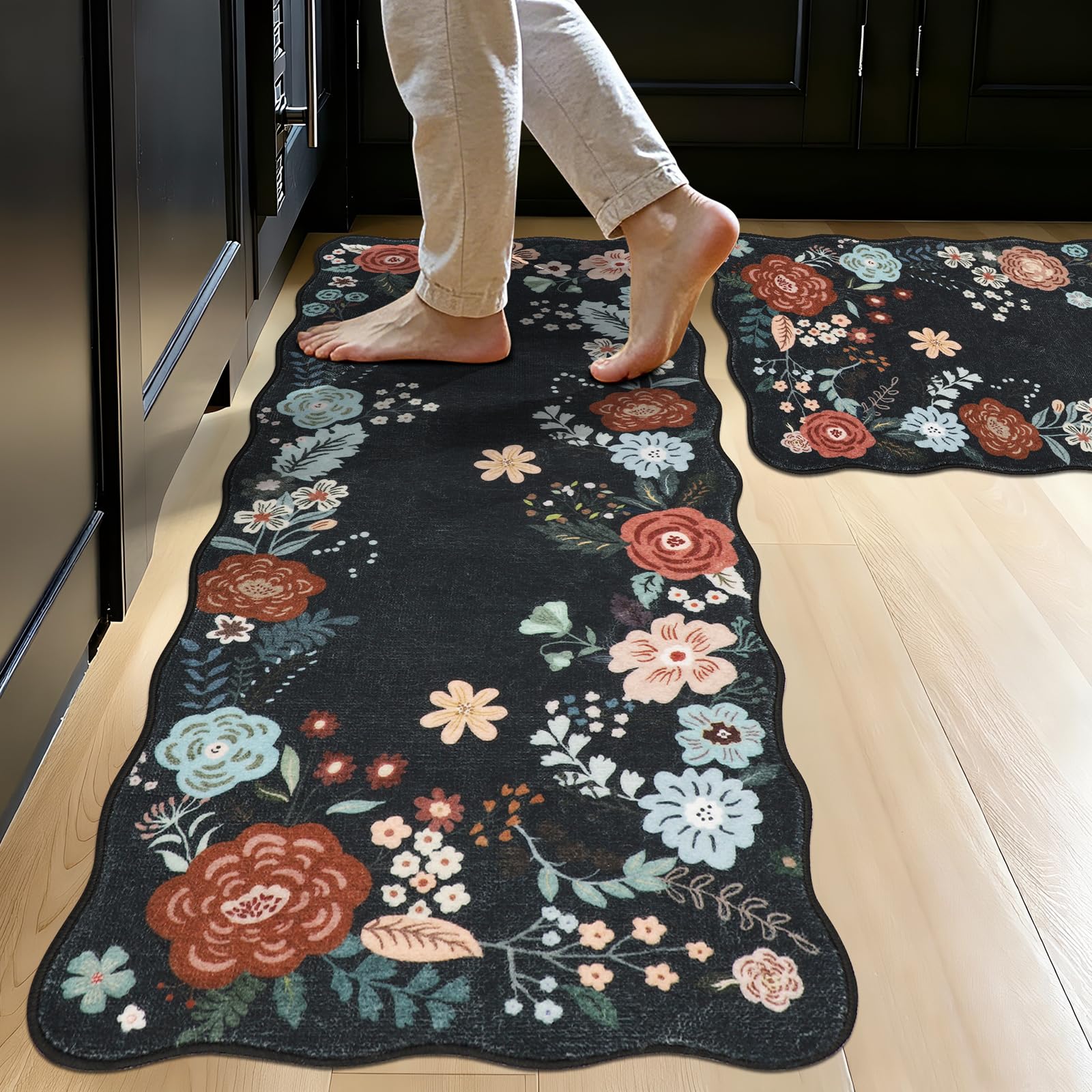 IMIYOKU Kitchen Rug Sets, Non-Slip Floral Kitchen Mat Set of 2, Washable Boho Kitchen Runners, Rubber-Backed Long Floor Mats Carpet Runner Rugs for Hallways and Laundry Rooms (Black, 50x80cm+50x120cm
