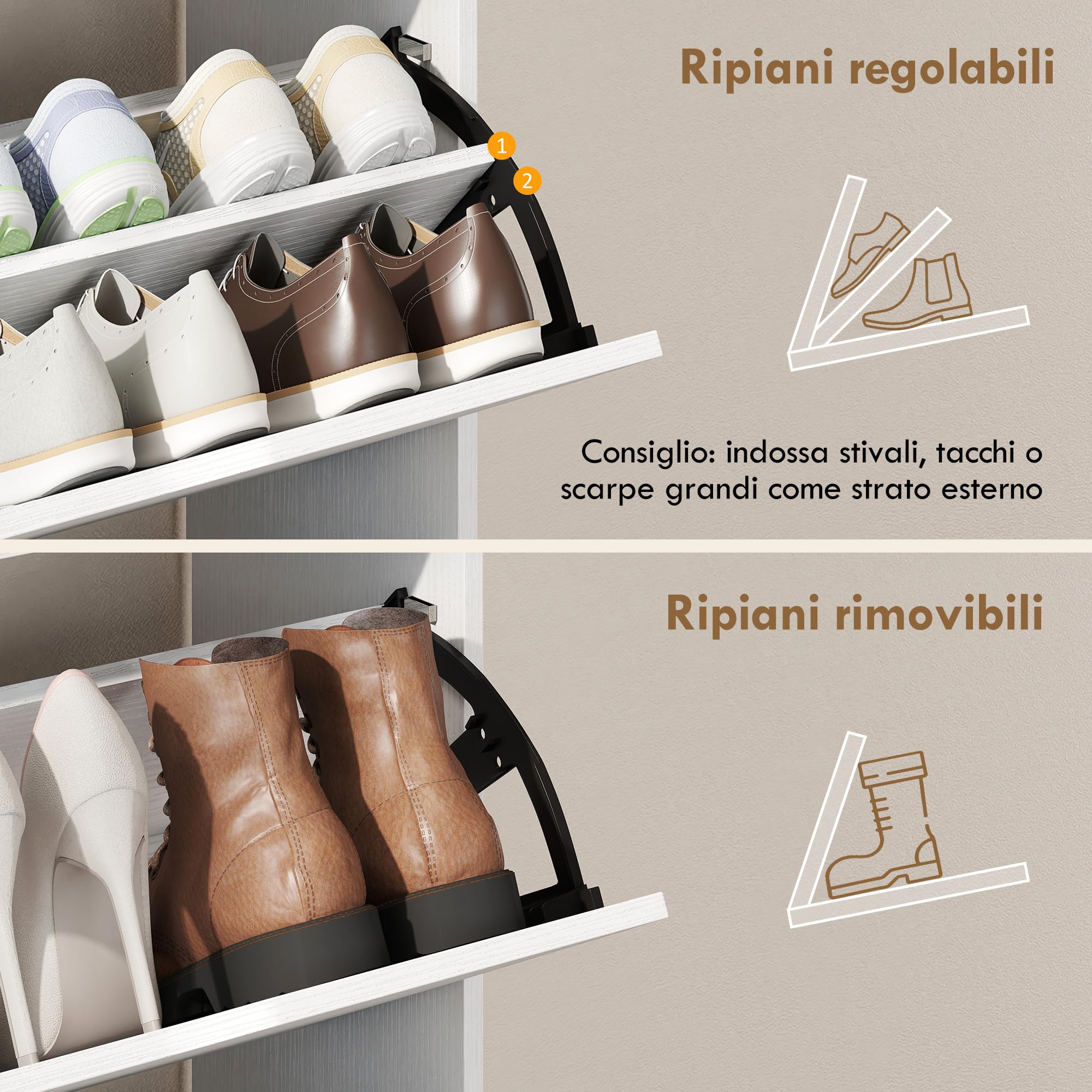 HOMCOM Scarpiera Salvaspazio Slim con 2 Ante a Ribalta, Scarpiera Ingresso con Ripiani Regolabili Rimovibili, Ripiani Aperti, Scomparto Laterale, Porta Scarpe in Legno con Maniglia, Bianco