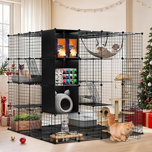 YITAHOME Recinto grande para gatos de 4 niveles con cubo de almacenamiento de bricolaje, corralito Catio para interiores con hamaca para 1-4 gatos