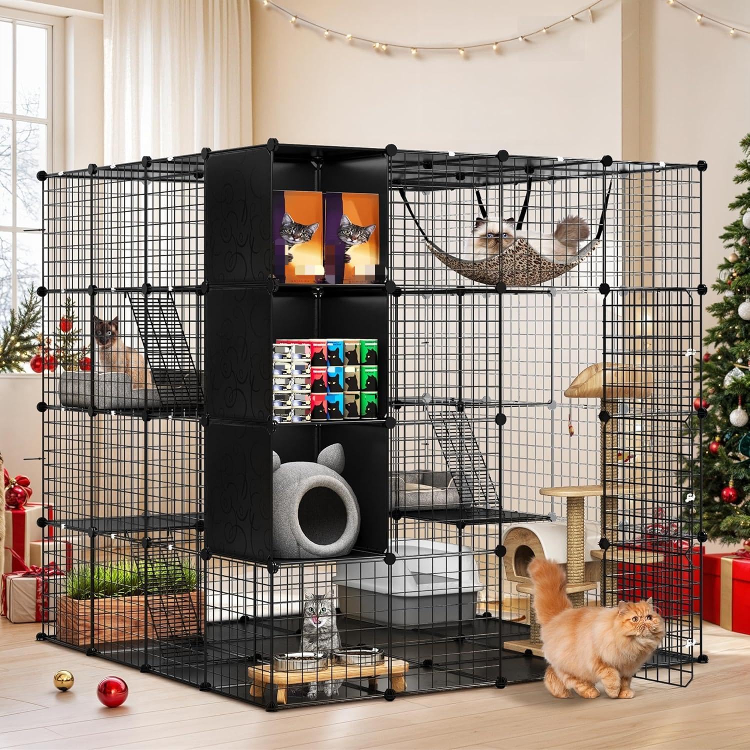 YITAHOME 4 Tiers Large Cat Enclosure with DIY Storage Cube, Indoor Catio Playpen with Hammock for 1-4 Cats, Ideal for Home and Travel