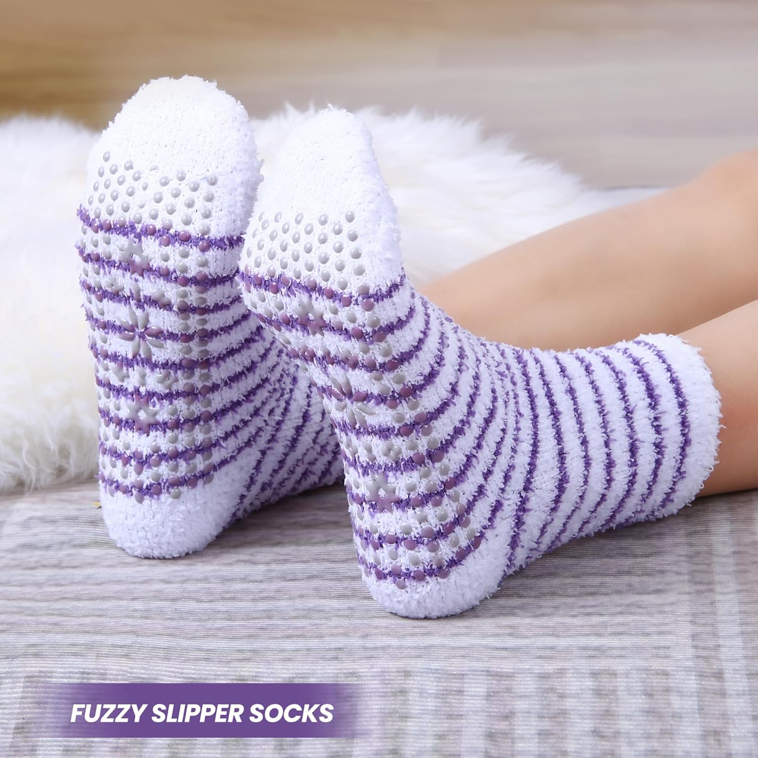 HUGSWEET 6 Pairs Thick Fuzzy Socks with Grip Cozy Non Slip Hospital Socks Home Fluffy Warm Slipper Socks Gifts for Women - Image 2