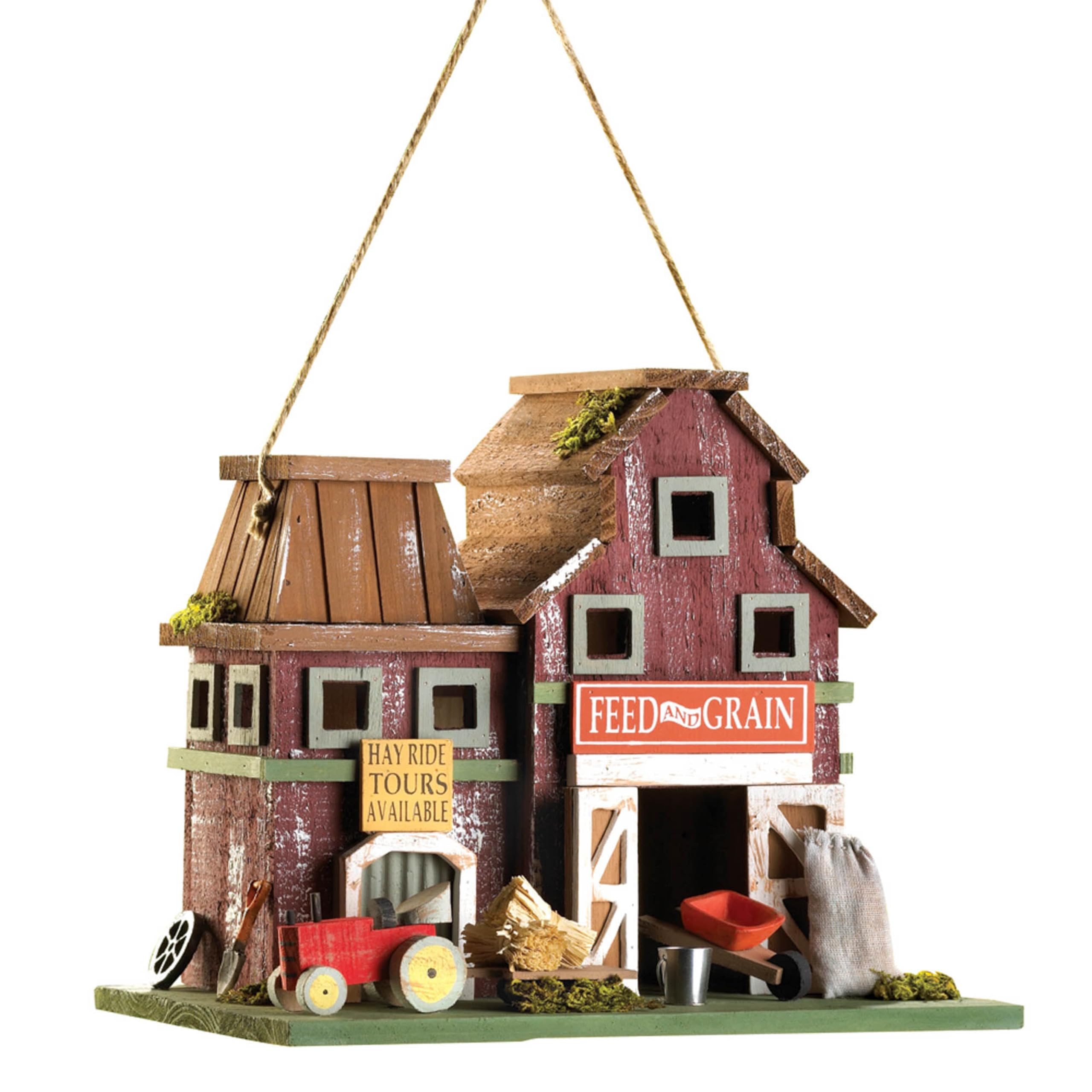 Maison d'oiseau en bois suspendue style grange rustique pour balcon et terrasse
