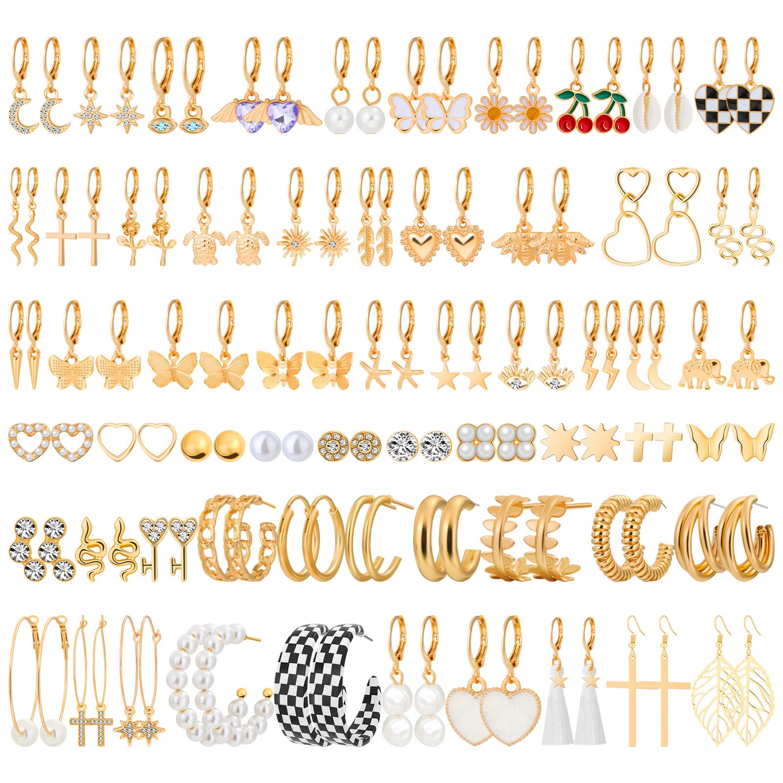 Thrilez60 Pairs of Earrings for Women, Hypoallergenic Earring Set Include Chunky Hoops, Huggie Earrings, Dangle Earrings, Pearl Earrings, Gold Hoops and Studs, Trendy Gift for Women