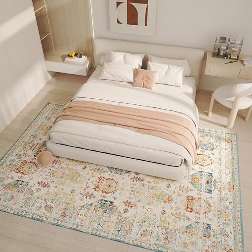 Miniatura 7 de i-VTIES Alfombra lavable a máquina de 8 x 10 pies con alfombra vintage antideslizante para sala de estar, alfombra de pelo bajo con estampado floral