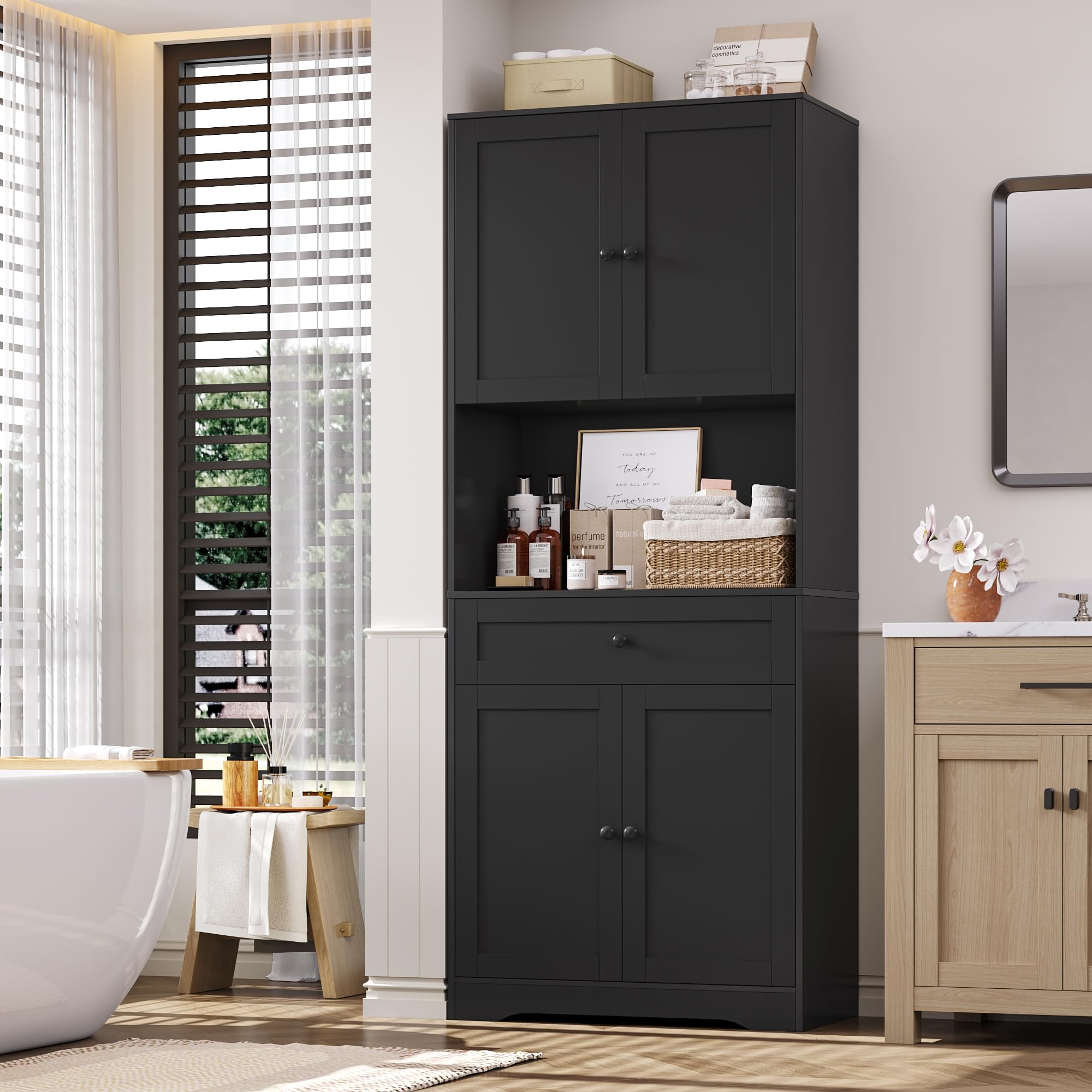 FOREHILL Credenza Cucina Alta 180CM, Mobile Dispensa Cucina con 4 Ante, Credenza Alta con Ripiani Regolabili e Grande Cassetto, Per Cucina, Bagno, Soggiorno, 75x40x180cm (Nero)
