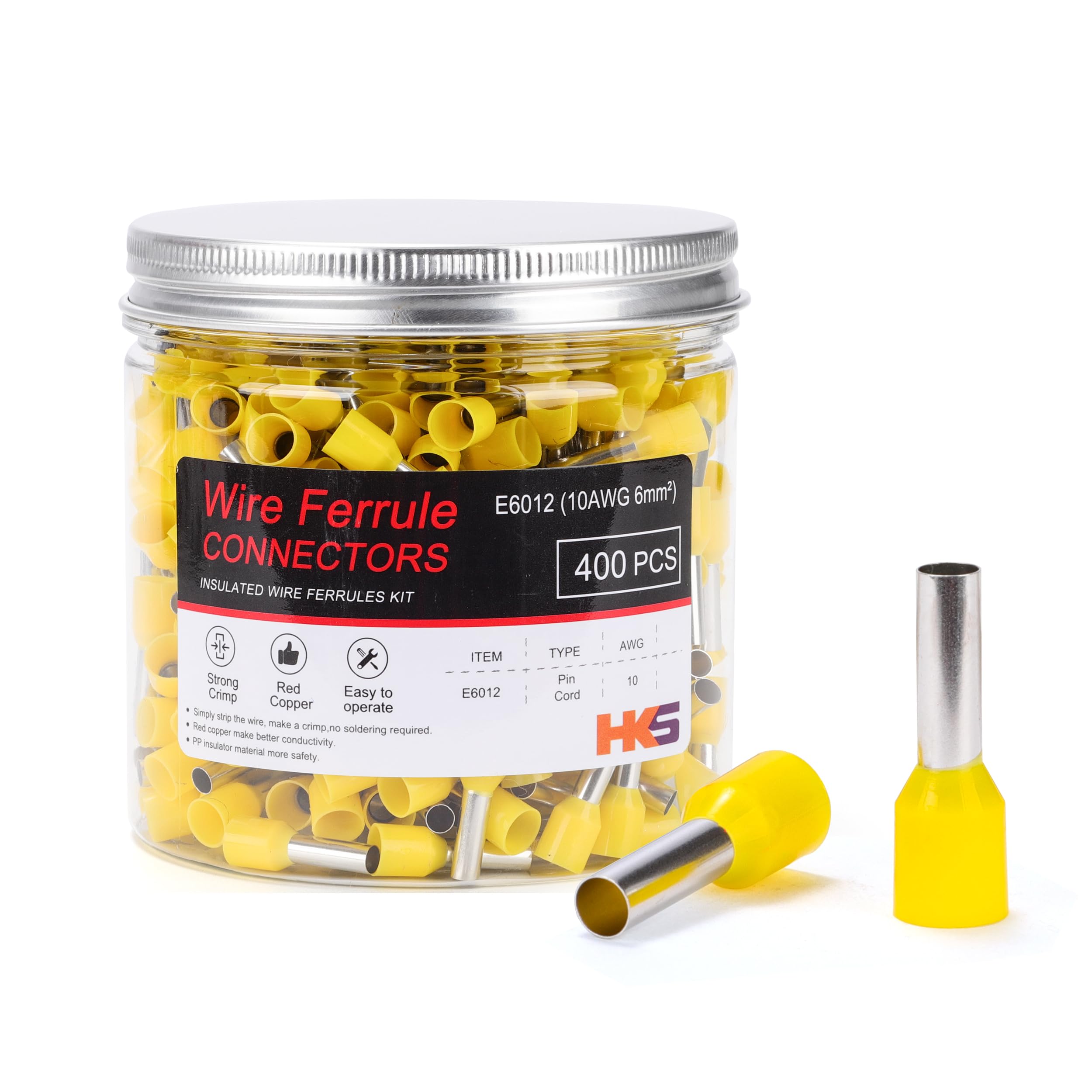 HKS 400PCS Wire Ferrule Connectors - AWG10-6.0mm² Copper Barrel Pin Cord Ends Insulated Ferrules Terminals - E6012 Yellow