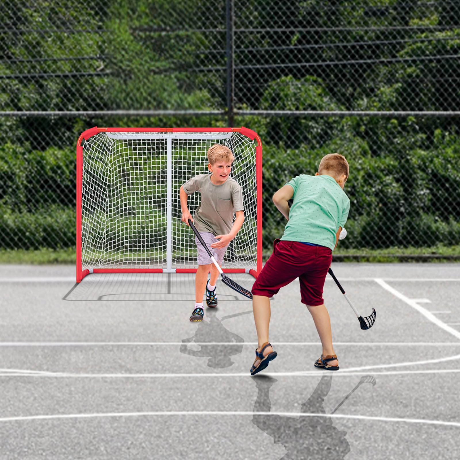 VEVOR Filet de Hockey de Rue 137 x 112 cm, But de Hockey Intérieur et Extérieur en Tube d'acier, Ensemble d'Entraînement de Hockey Portable et Léger, Assemblage Facile, pour Jeunes, Blanc/Rouge