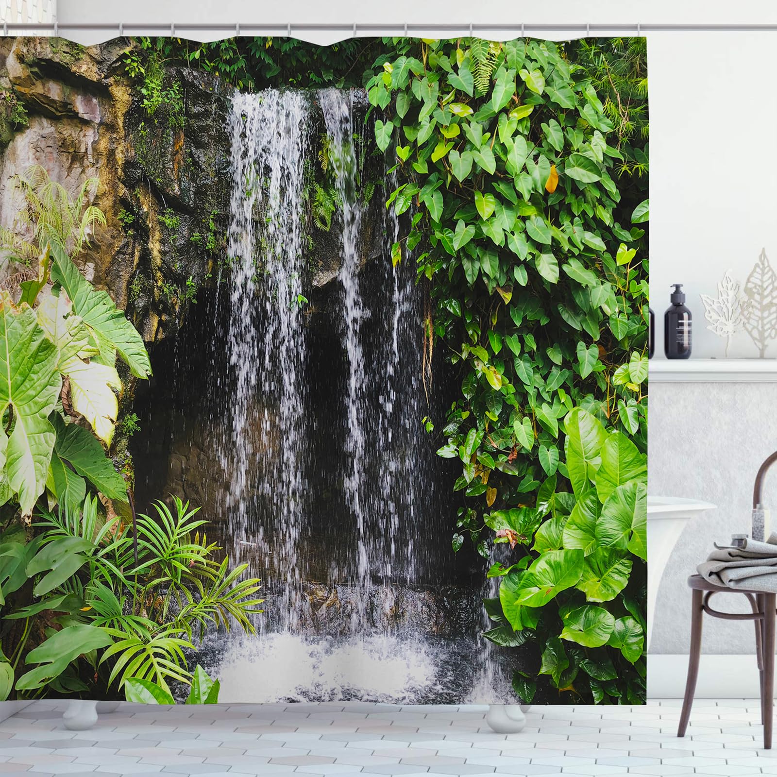 OCEUMACO Garden Shower Curtain Outdoor, 3D Waterfall Nature Landscape Scenery Bath Shower Curtains Bathroom Decor, Garden Scene Theme Waterproof Fabric with Hooks 180x180 cm, A016