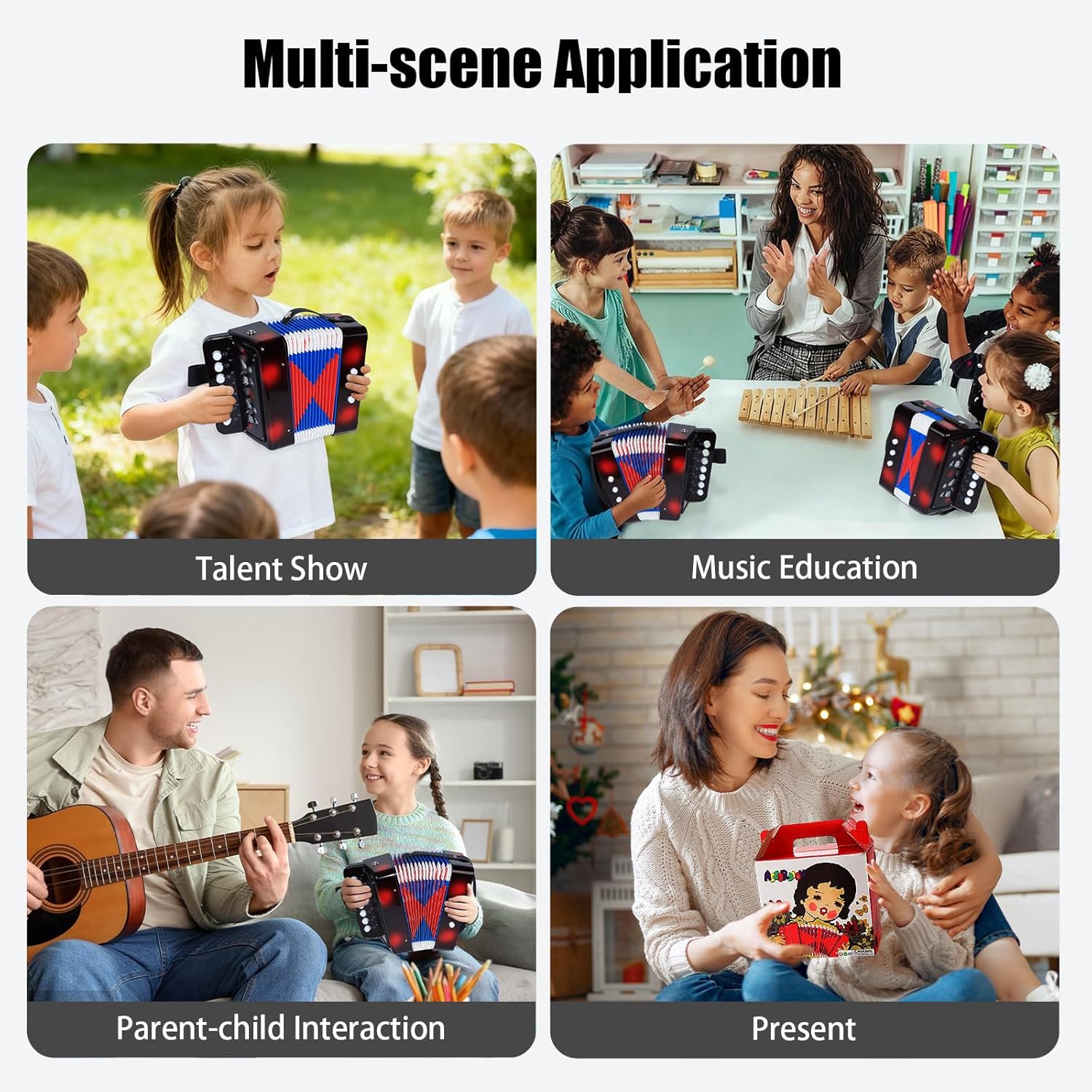AZEAM Kids Accordion, Toy Accordion for Ages 3 5 9 7 10 12 Child Children Toddlers Beginners Kids Musical Instruments 10 Keys Button Small Lightweight for Boy Girls Christmas（Black）