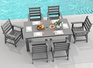 GREENVINES 7-Piece Outdoor Dining Set | HDPE Patio Table and Chairs for 6 | All Weather | Grey