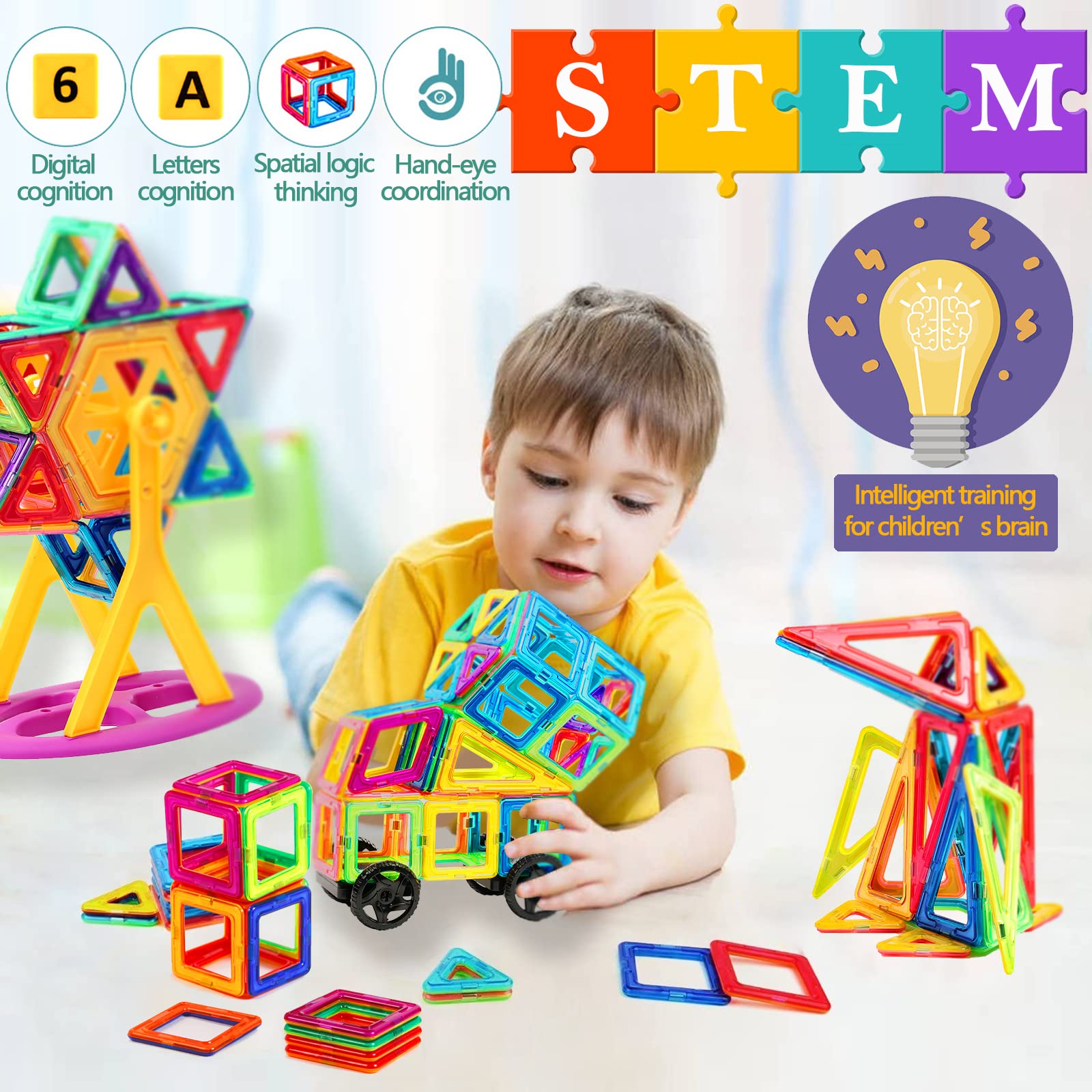 Costruzioni Magnetiche Bambini 68 Pezzi, Blocchi Magnetici STEM Montessori Giochi Educativi per Bambini dai 3 Anni