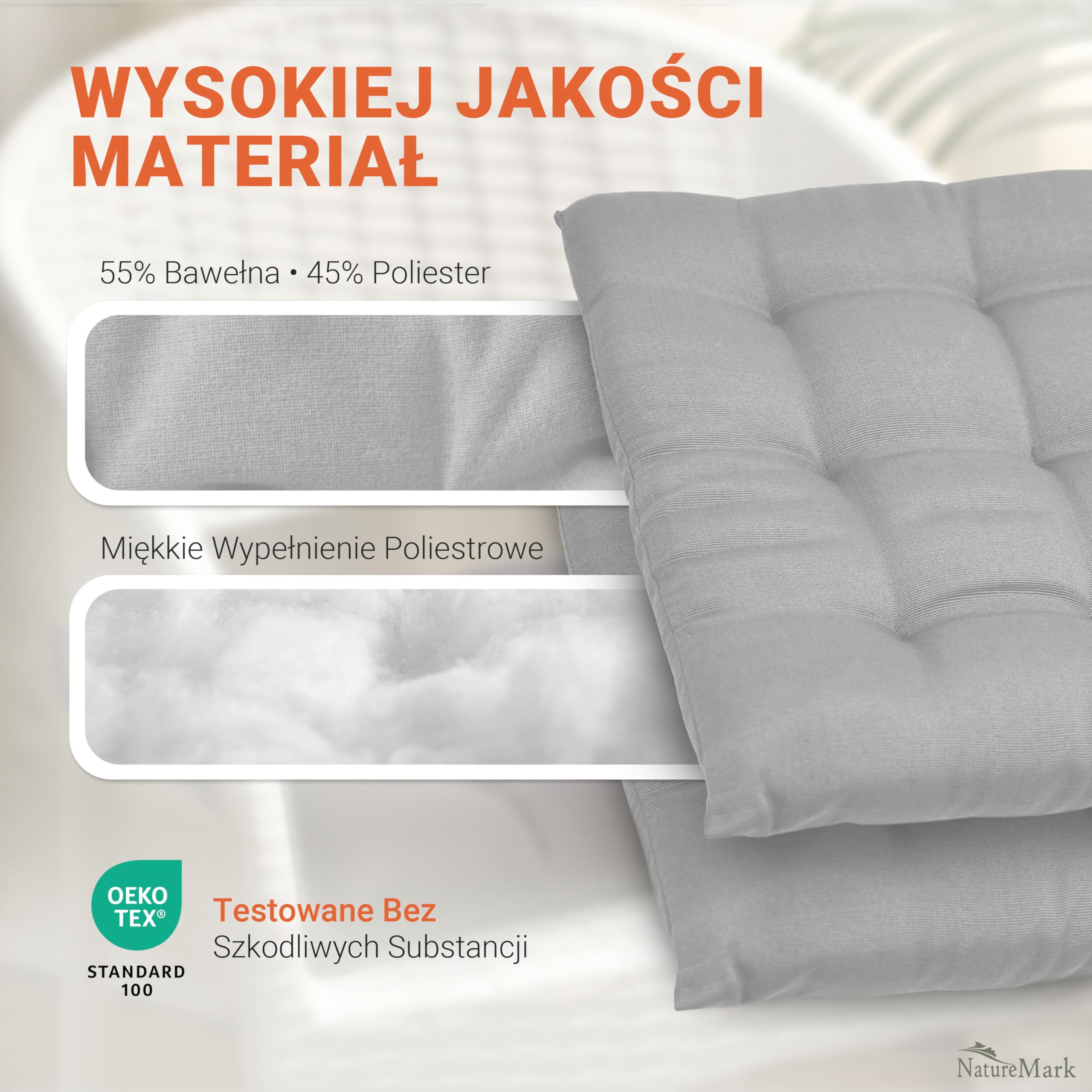 NatureMark Zestaw 4 Poduszek na Krzesła z Tasiemkami 40x40 cm – Poduszka do Siedzenia Wypełniona – Do Kuchni i Ogrodu – Kolor Srebrno-szara