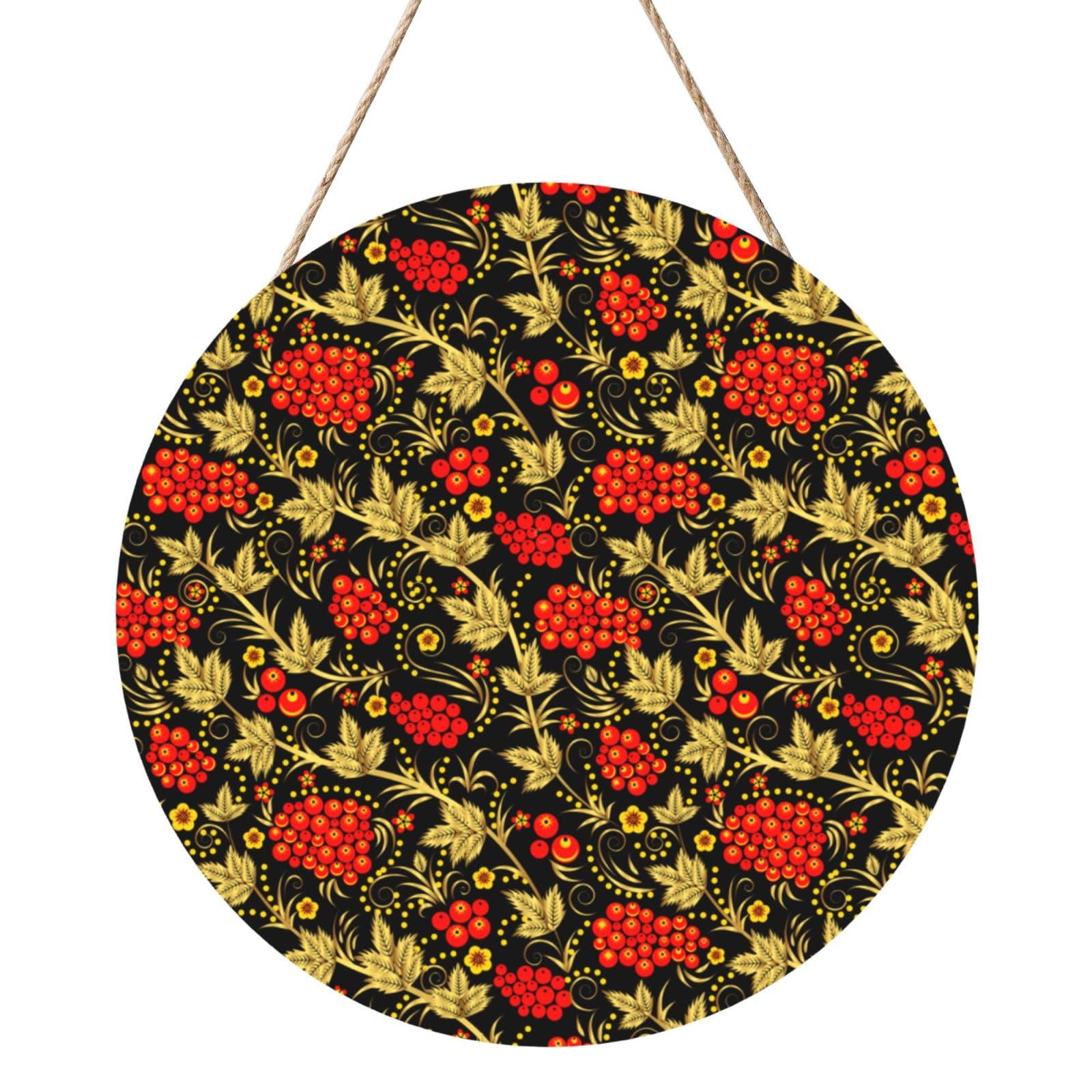 InOmak Traditional Russian Khokhloma, Round Wood Panel Painting 12 in, Wall Hanging Painting For Home