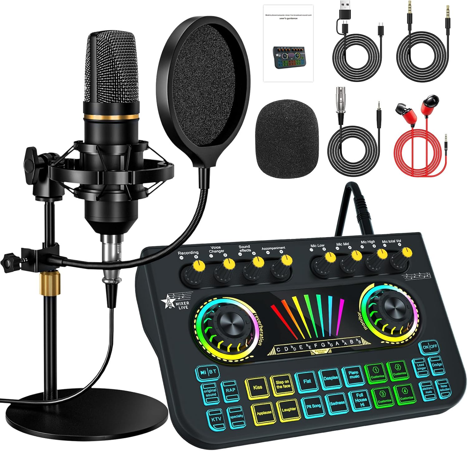Podcast equipment bundle, with live sound card audio mixer, equipped with 3.5mm microphone, podcast microphone bundle for streaming content creation, recording, singing, and live broadcasting